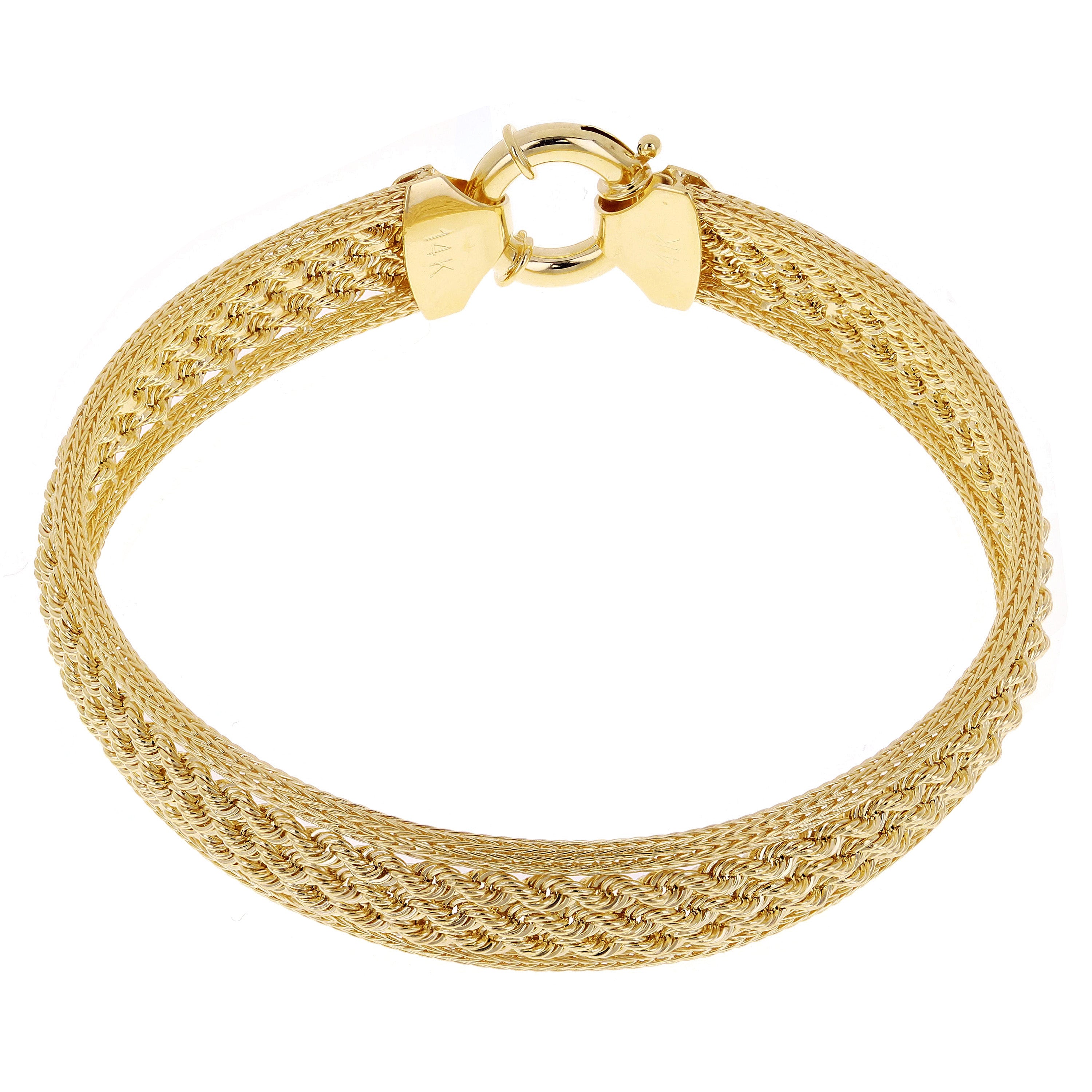 Italian 14k Yellow Gold Triple Strand Rope Chain Bracelet 7.5" 6mm - 15mm