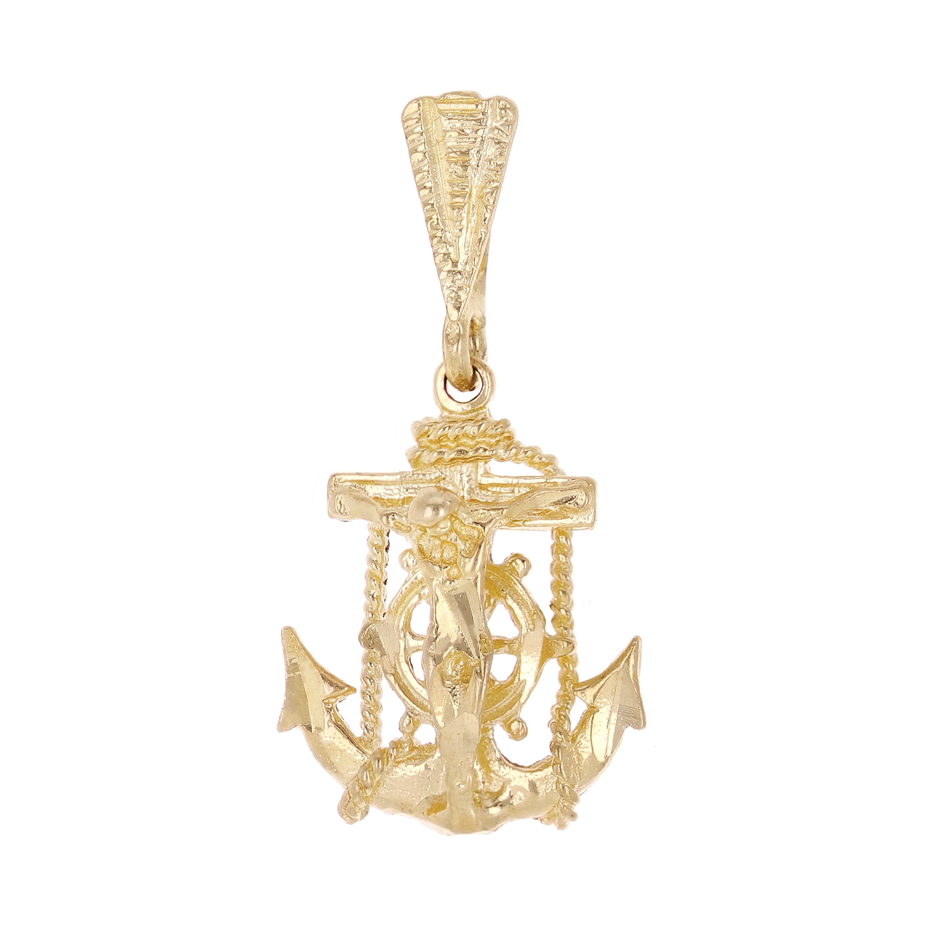 14k Yellow Gold Jesus Christ Crucifix Mariner Anchor Charm Pendant 1" 1.2 grams