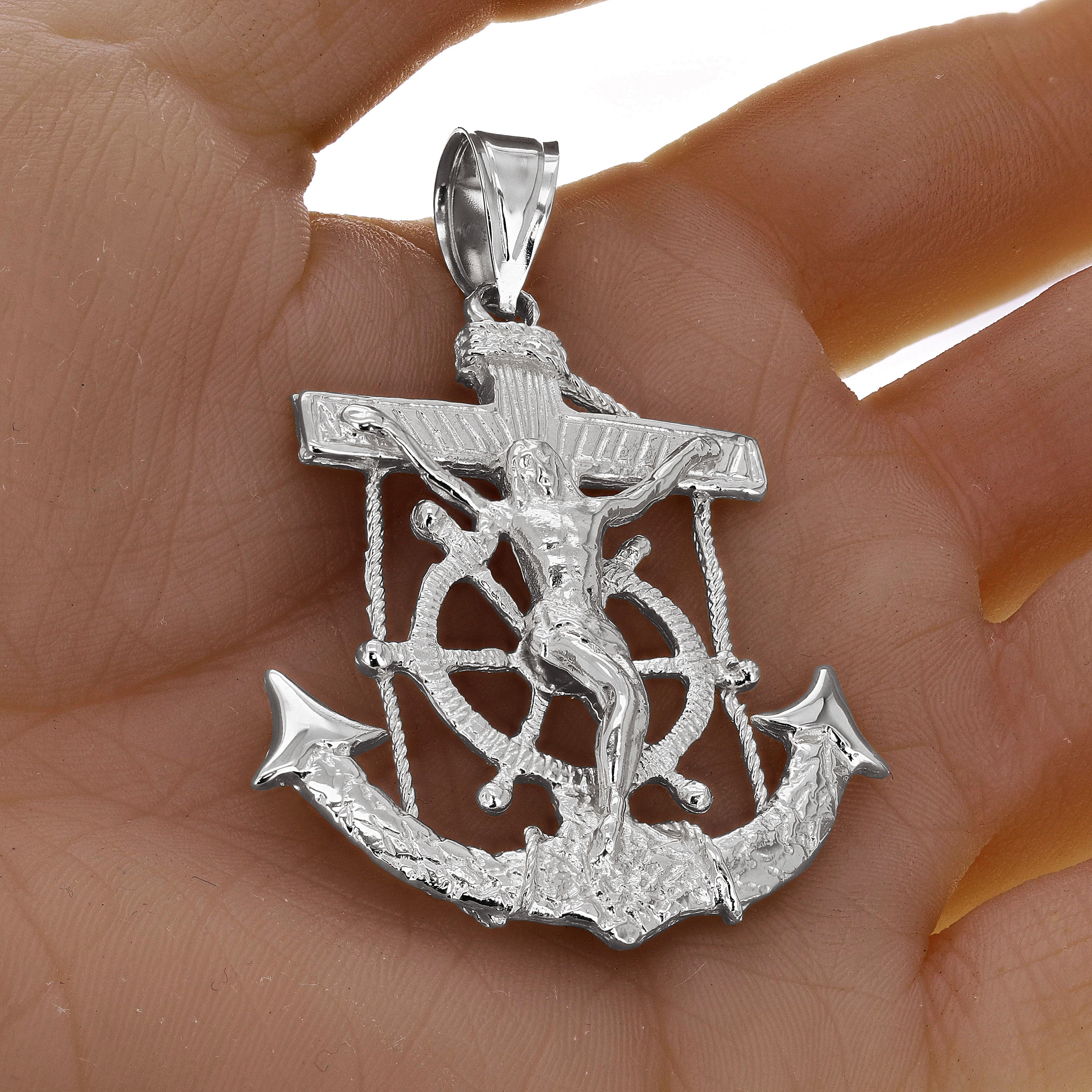 14k White Gold Jesus Christ Crucifix Mariner Anchor Pendant 2.5" 16 grams - White
