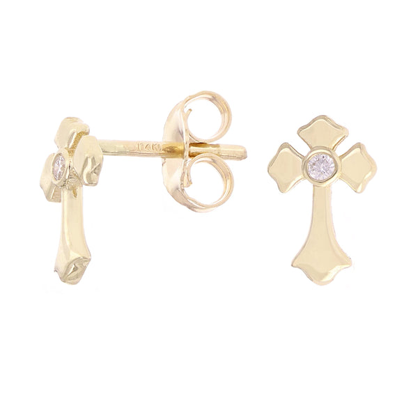 14k Yellow Gold 0.05ctw Diamond Irish Celtic Cross Stud Earrings