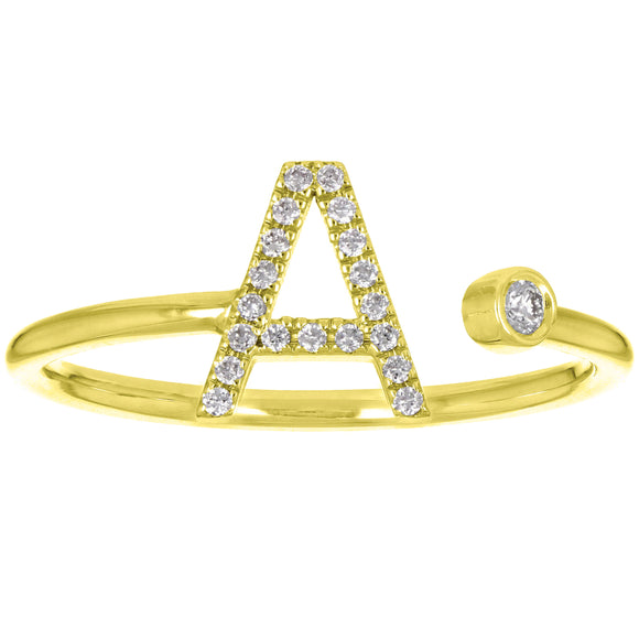 14k Yellow Gold Diamond Open Cuff Initial Letter A Ring Size 7 - Letter A,Yellow,Ring Size 7