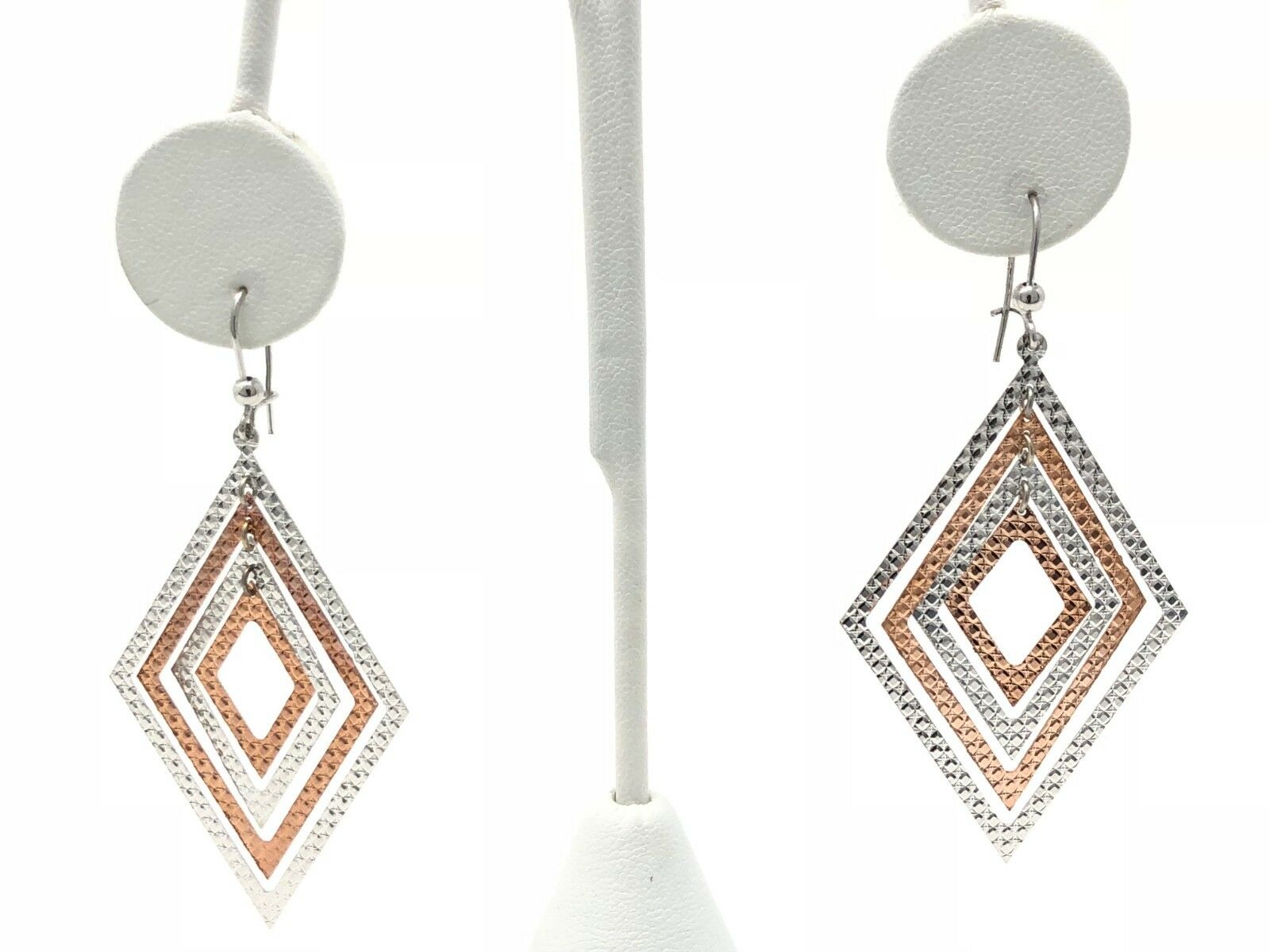 Italian 14k Two Tone Gold Diamond Cut Diamond Shape Dangle Earrings 2.6" 4.9g