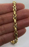 14k Yellow Gold Satin & Diamond Cut Link Hugs & Kisses XOXO Bracelet 7.25" 5.3mm