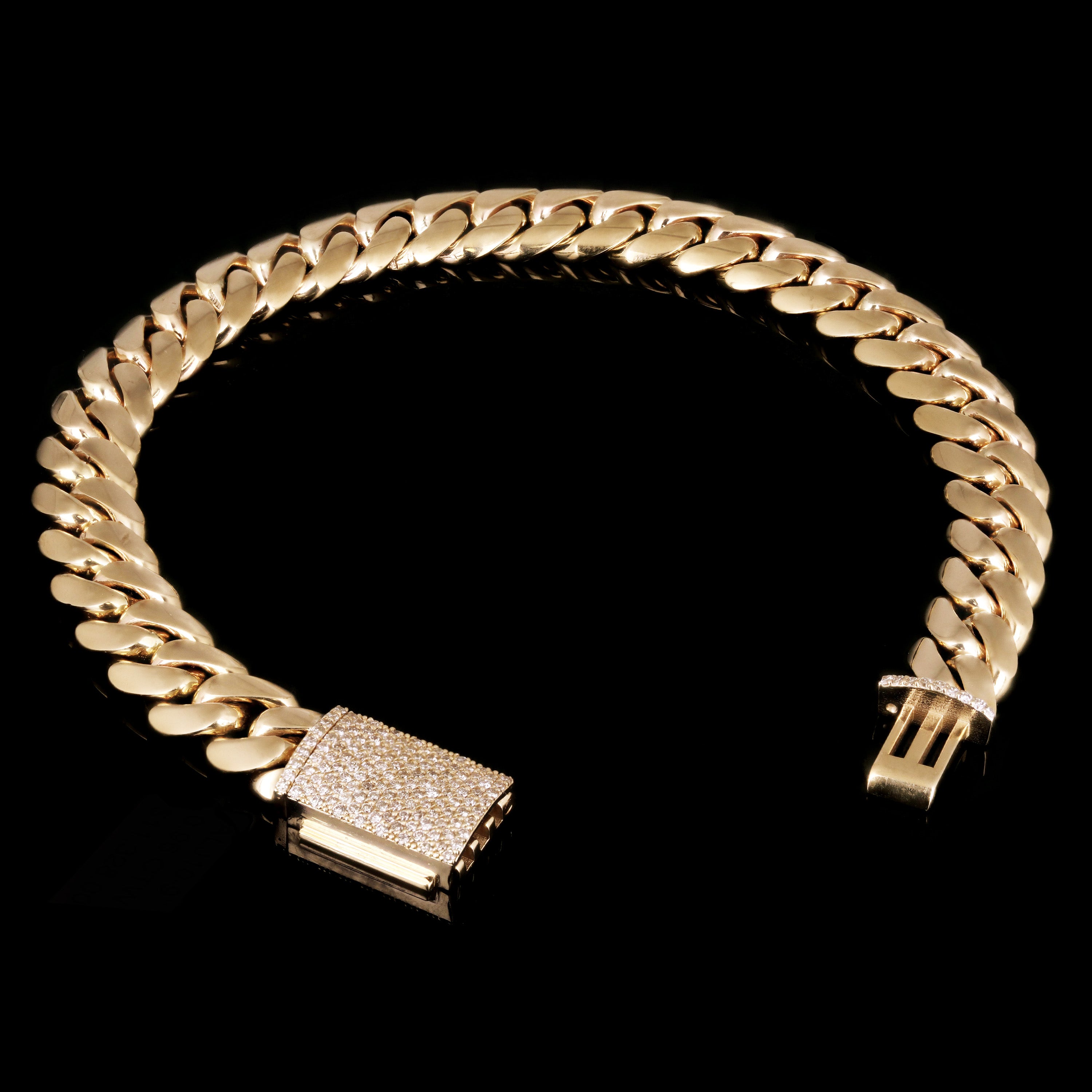 14k Yellow Gold Miami Cuban Chain Bracelet with Diamonds Box Clasp 9" 10mm 68.6g - 10mm 9" 68.6 grams