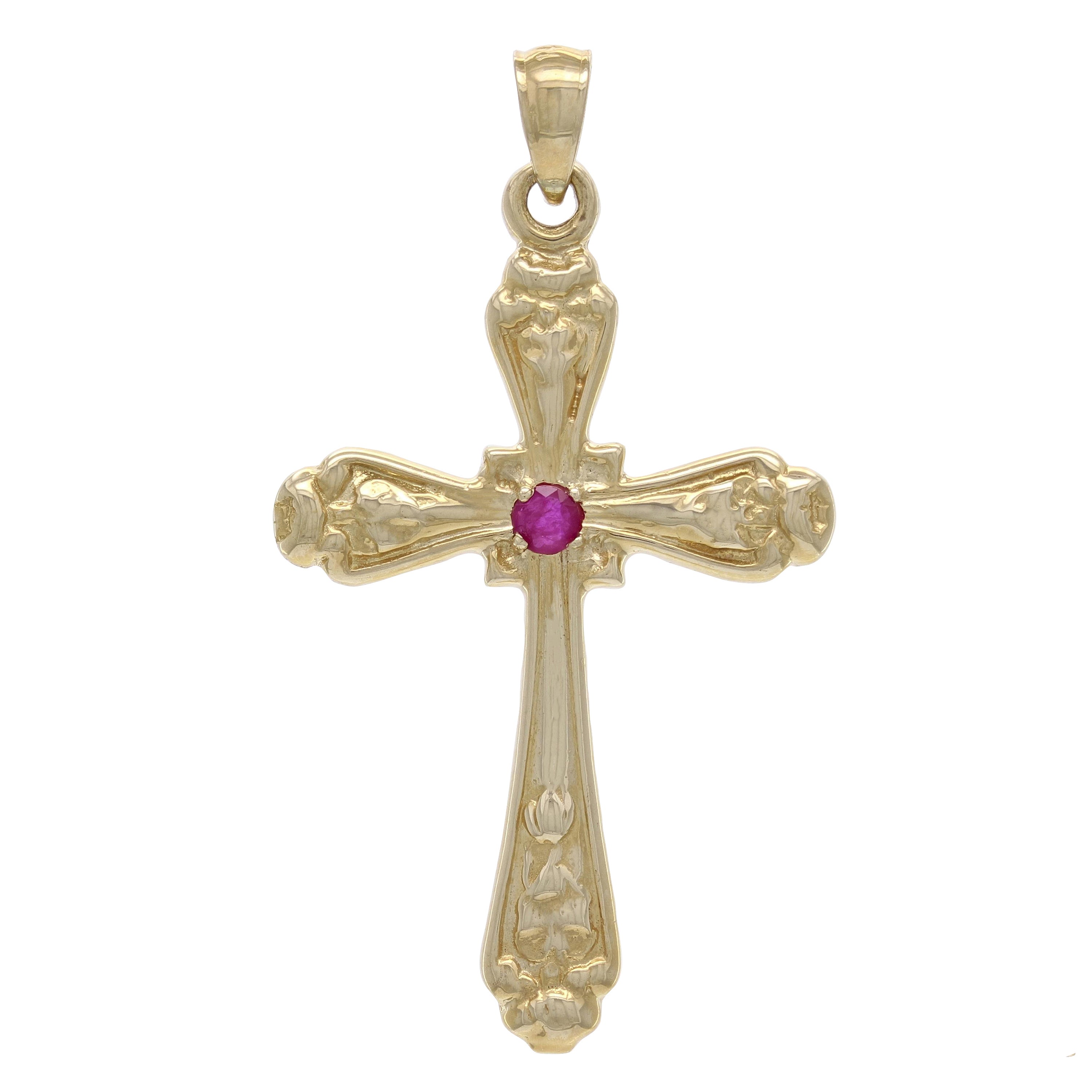 14k Yellow Gold Ruby Gemstone Religious Cross Charm Pendant 5.4 grams - Yellow
