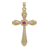 14k Yellow Gold Ruby Gemstone Religious Cross Charm Pendant 5.4 grams - Yellow