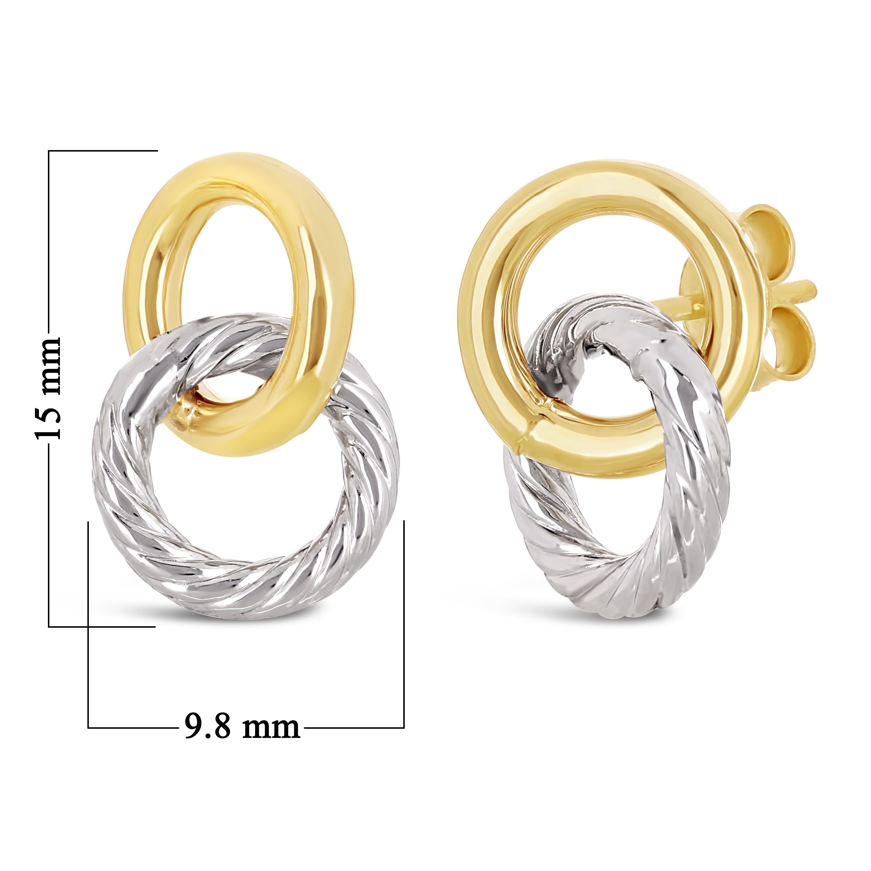 Italian 14k Yellow & White Gold Double Tube Shiny Eternity Circle Stud Earrings - Double Tube