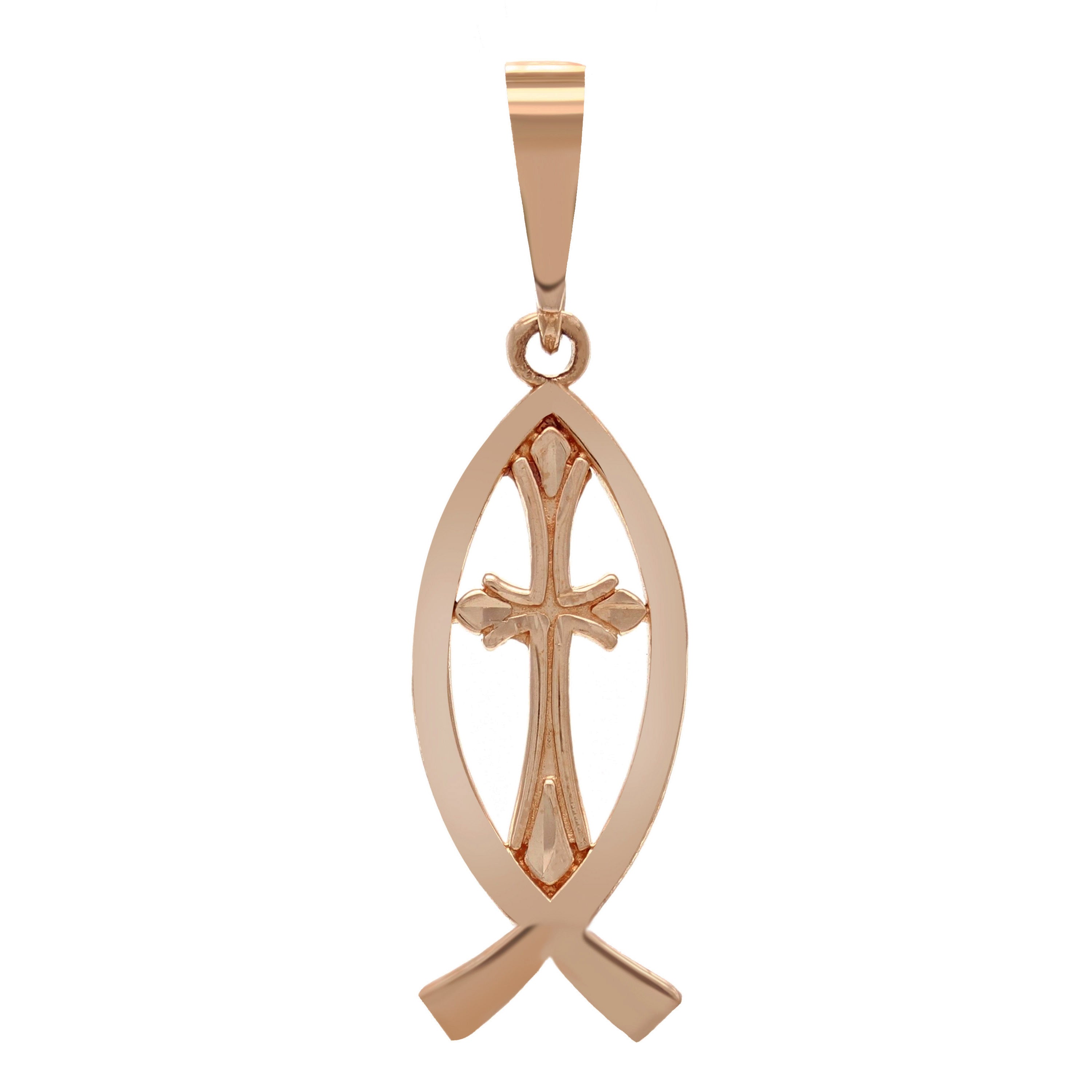 14k Rose Gold Christian Cross Ichthus Fish Charm Pendant 1.2 grams - Rose