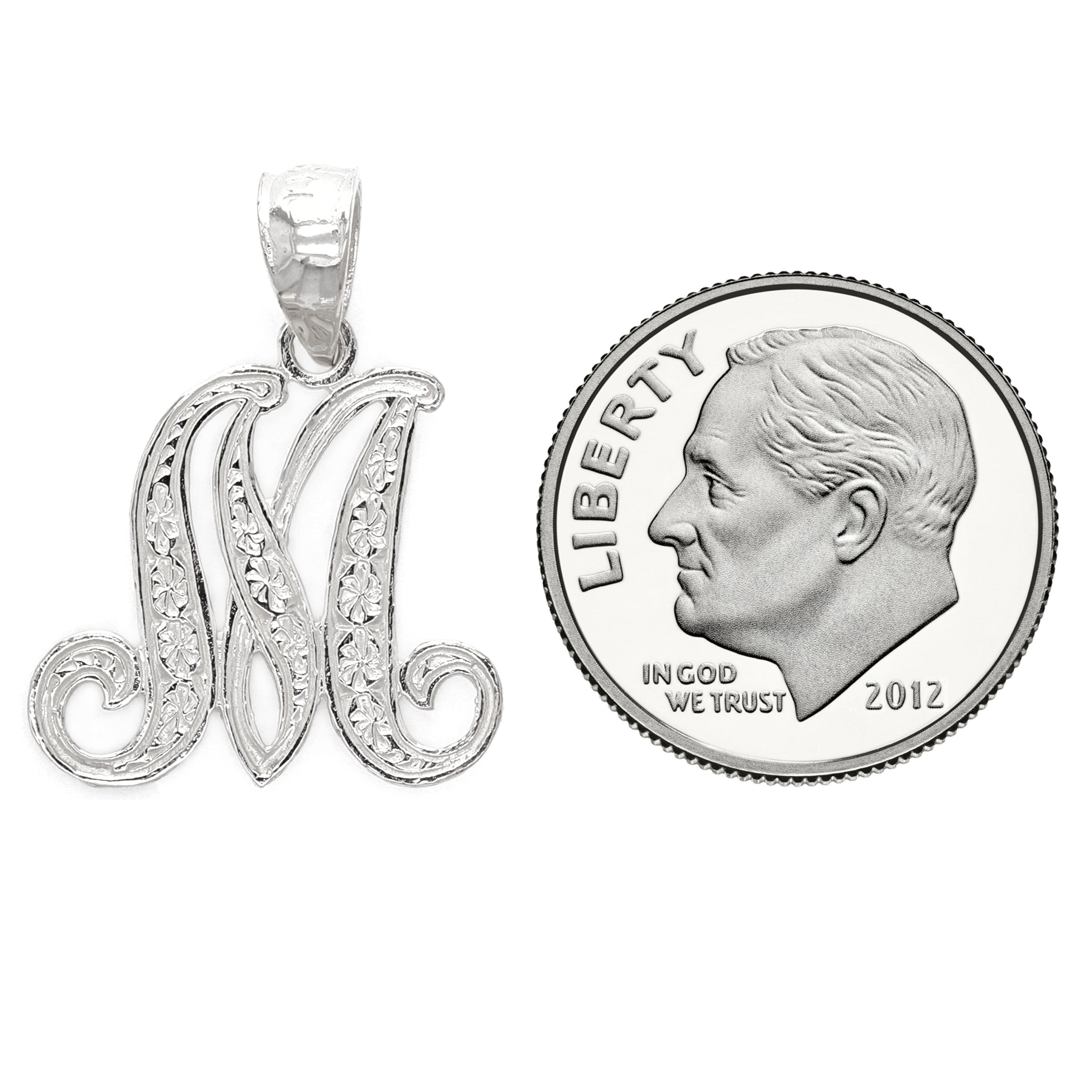 14k White Gold Initial Letter M Alphabet Charm Pendant - Letter M,White
