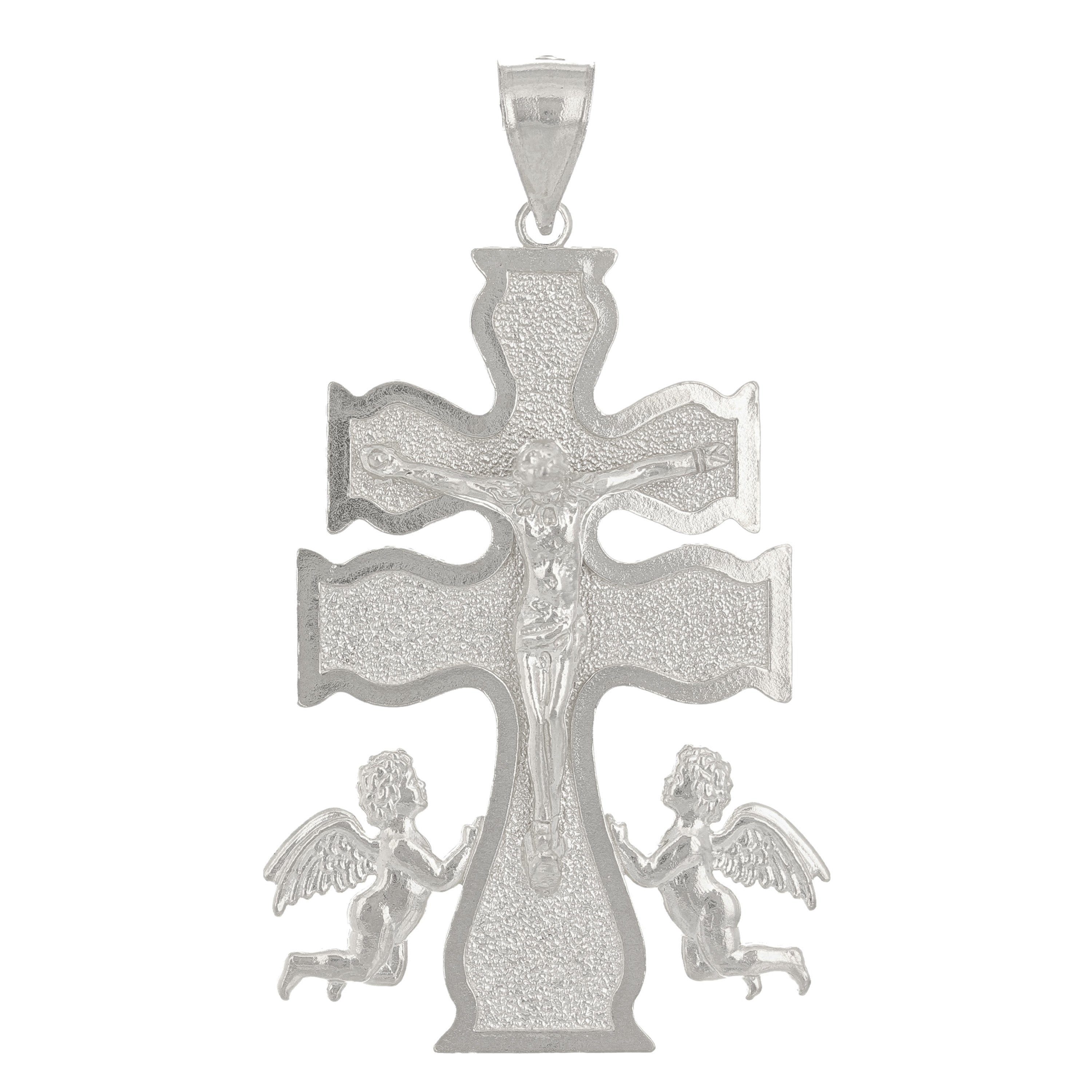 14k White Gold Caravaca Cross Jesus Christ Angels Cross Pendant 2" 8.2 grams - White