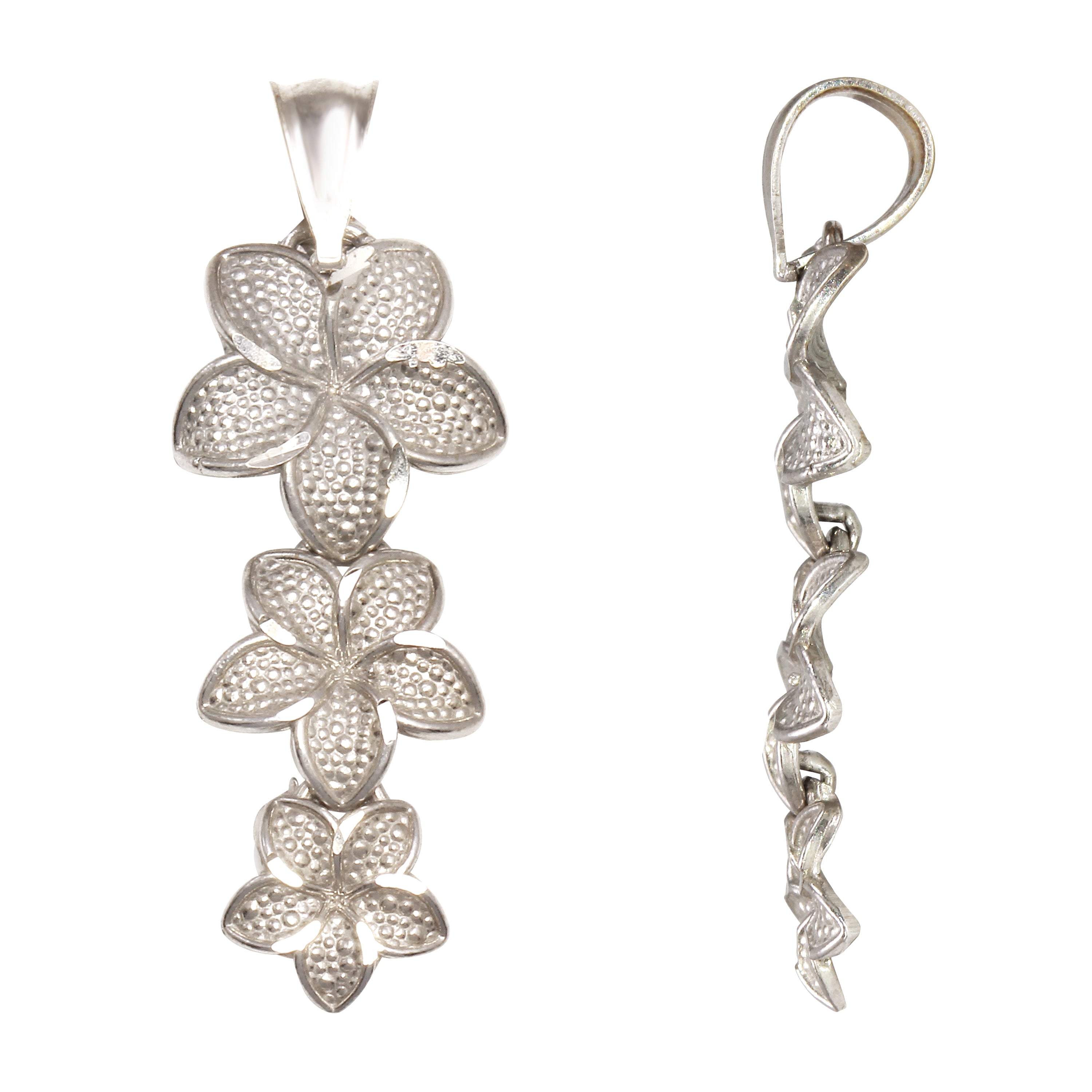 14k White Gold Hawaiian Plumeria Flower Drop Pendant 1.2" 1.1 grams