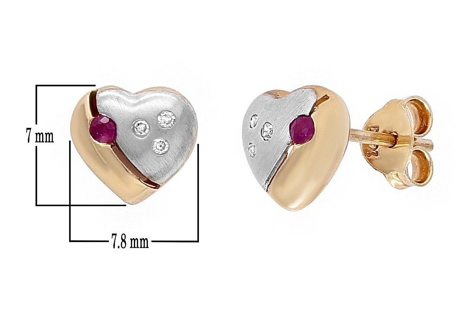 10k Two Tone Gold Heart Earrings Round Ruby & Diamonds Stud Earrings