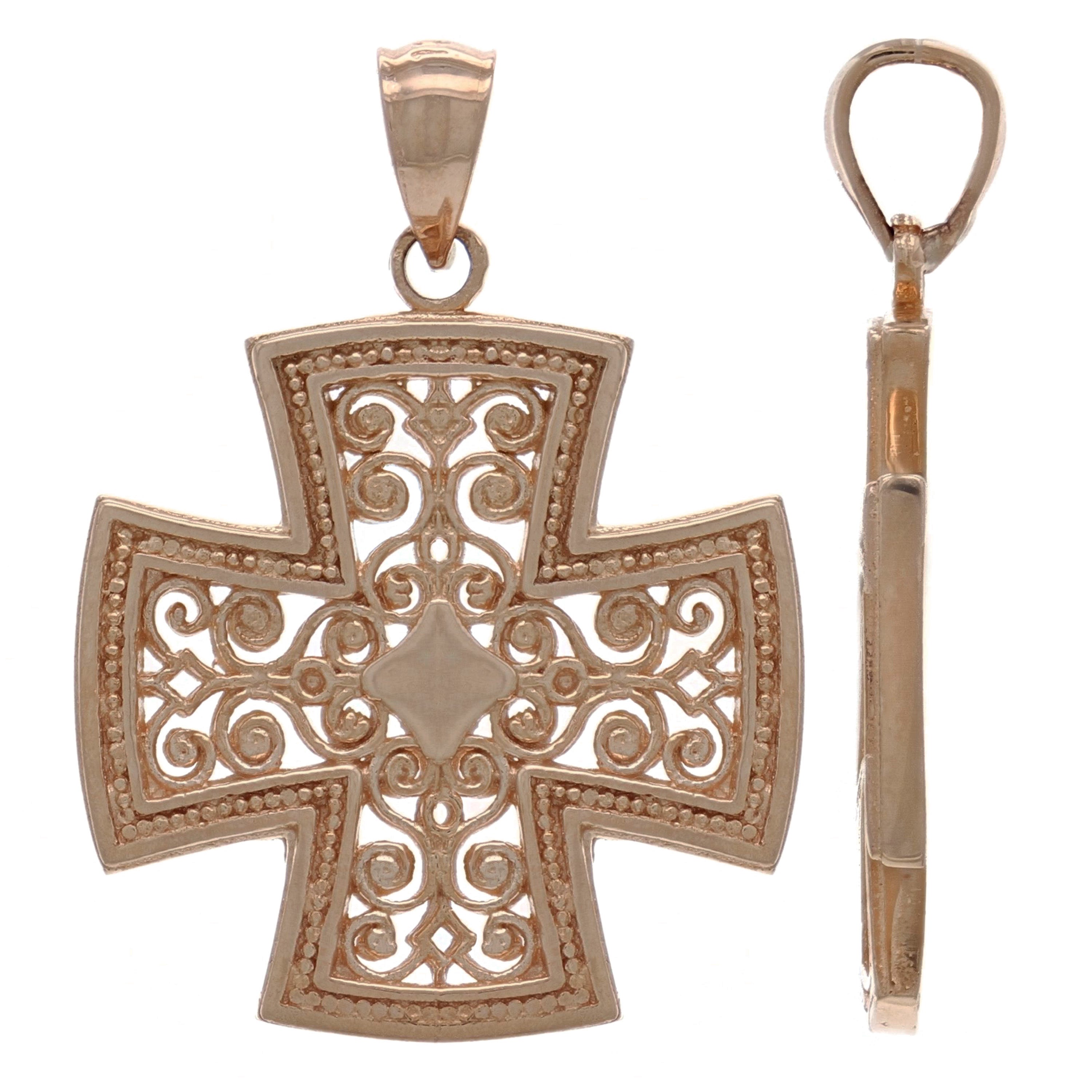 14k Rose Gold Filigree Religious Cross Pendant - Rose