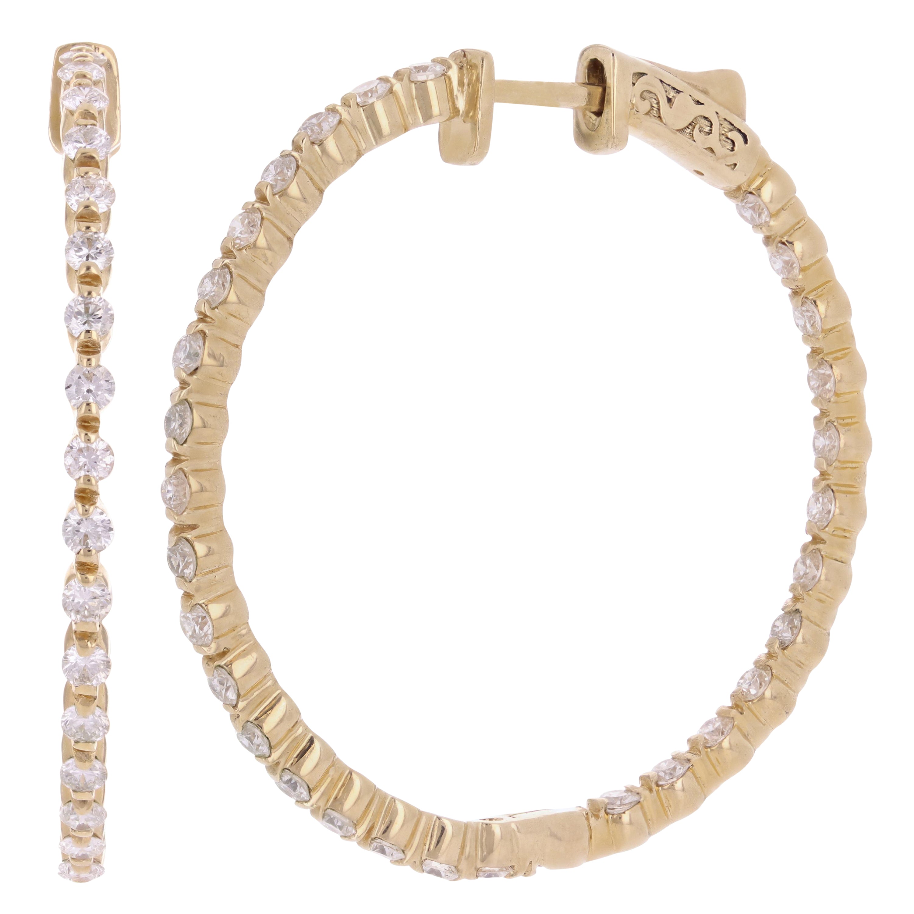 14k Yellow Gold 2ctw Diamond Inside Out Slim Round Hoop Earrings