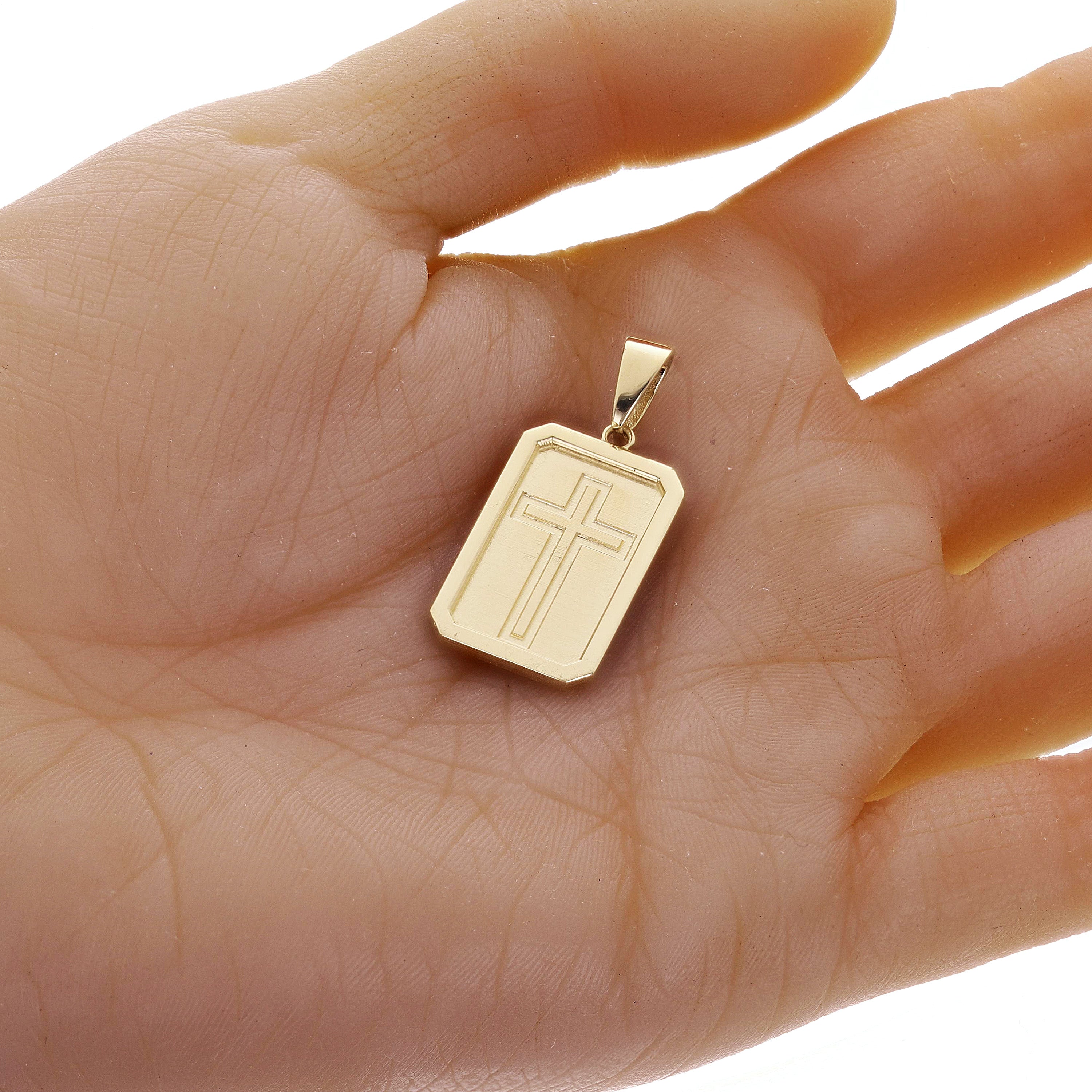 14k Yellow Gold Rectangle Plate Cross Medal Charm Pendant 1.4" 5.5 grams