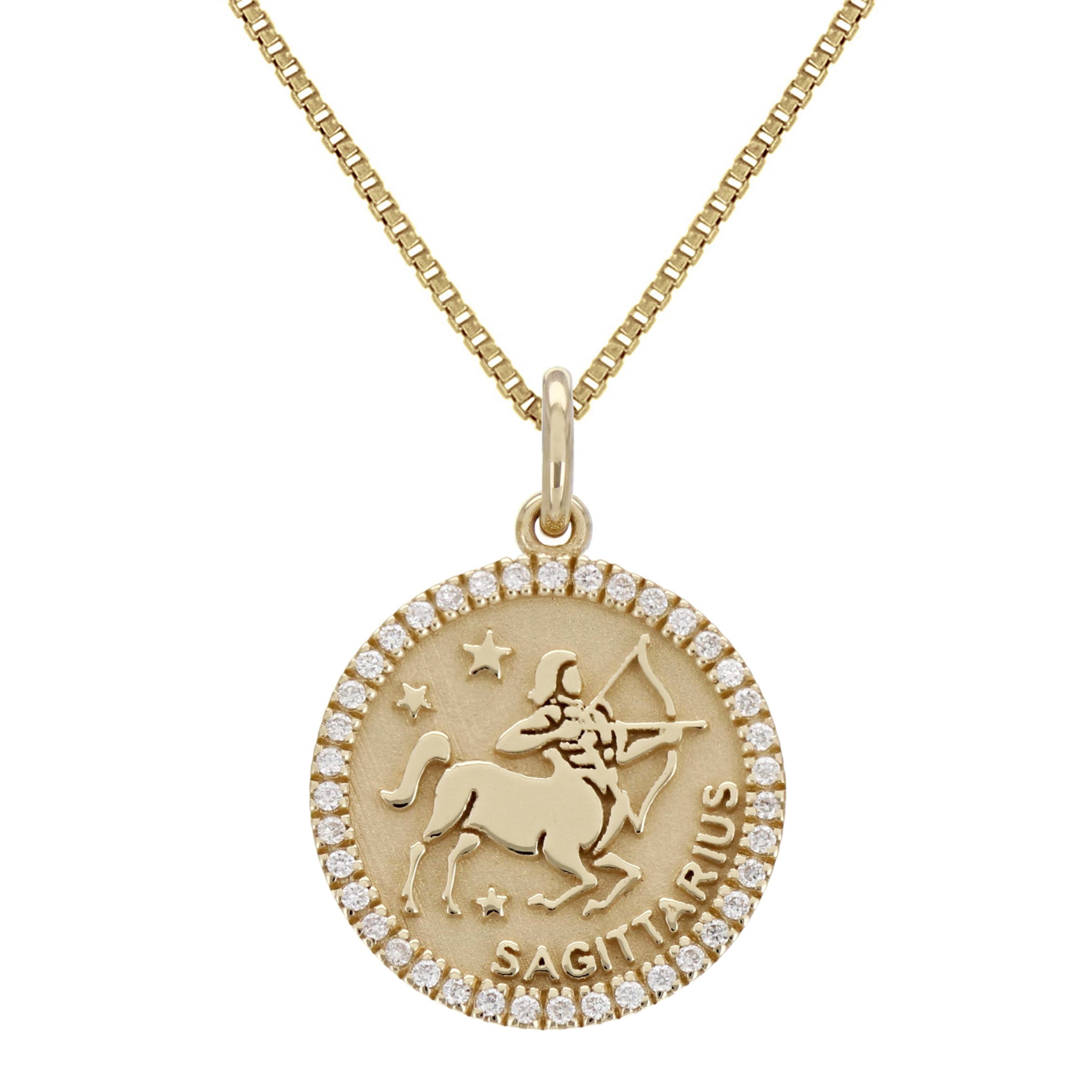 14k Yellow Gold Diamond Zodiac Sign Sagittarius Pendant Necklace 18" - Sagittarius,Yellow