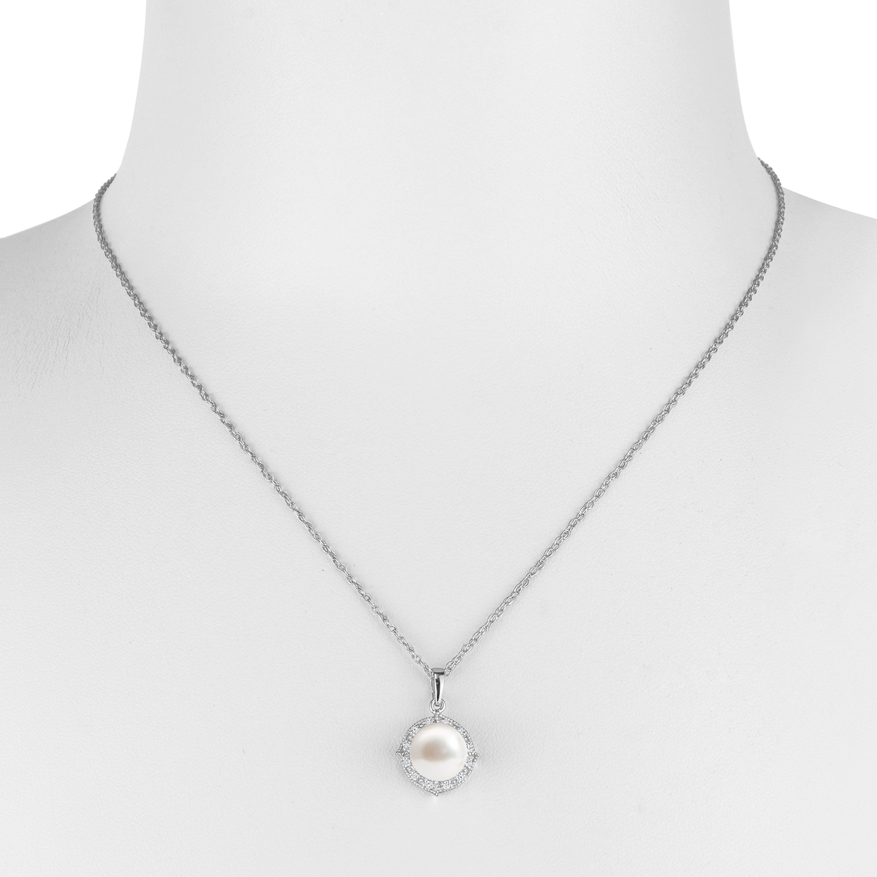 14k White Gold Freshwater Pearl Halo Pendant Necklace 18" with Diamonds