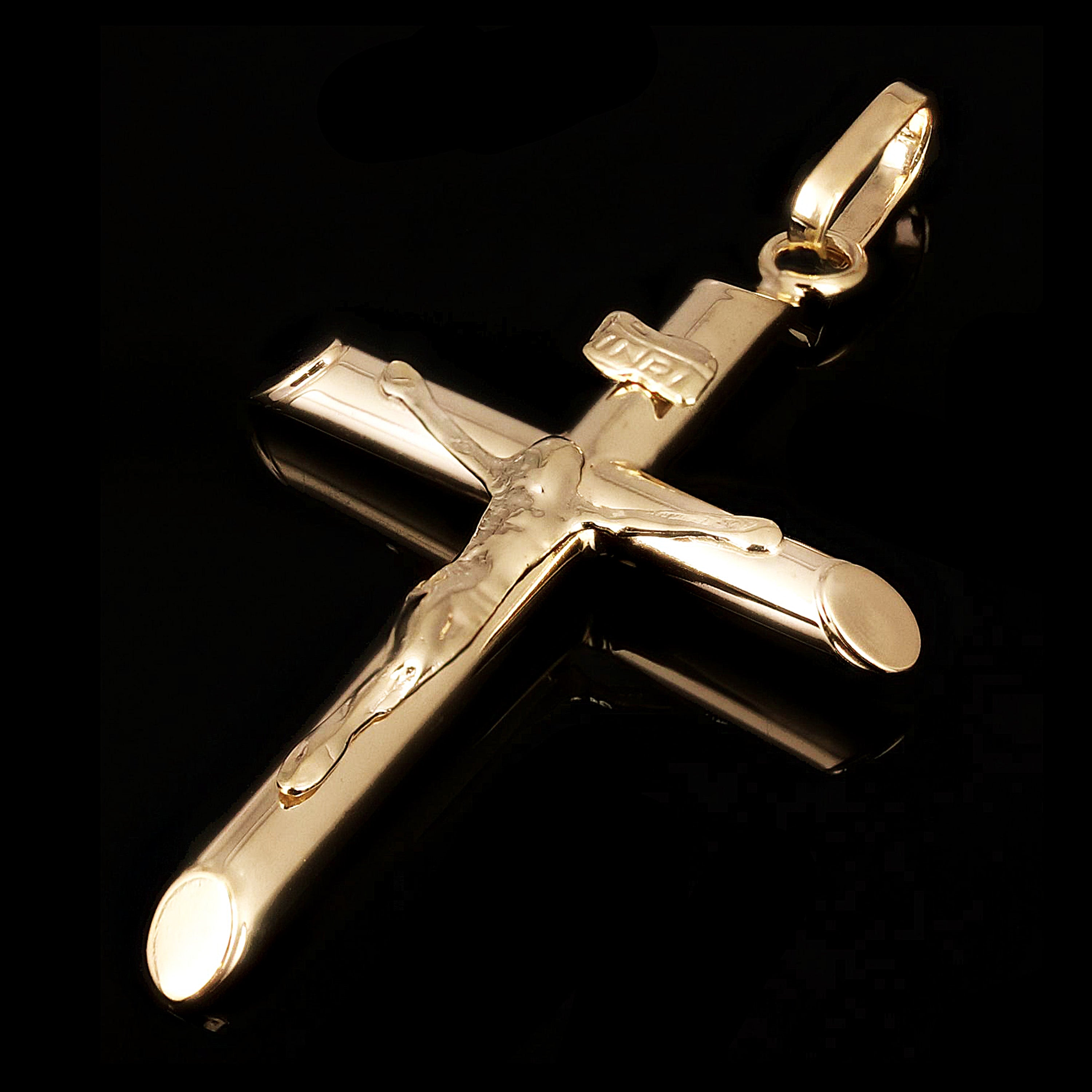 Italian 14k Yellow Gold Hollow INRI Crucifix Cross Charm Pendant 1.8 grams