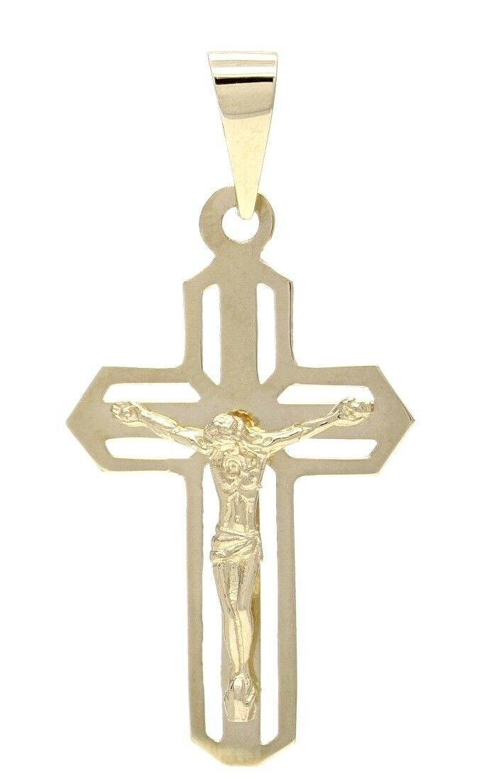 14k Yellow Gold Crucifix Jesus Christ Cross Pendant Religious Charm 1.4" 2.6g