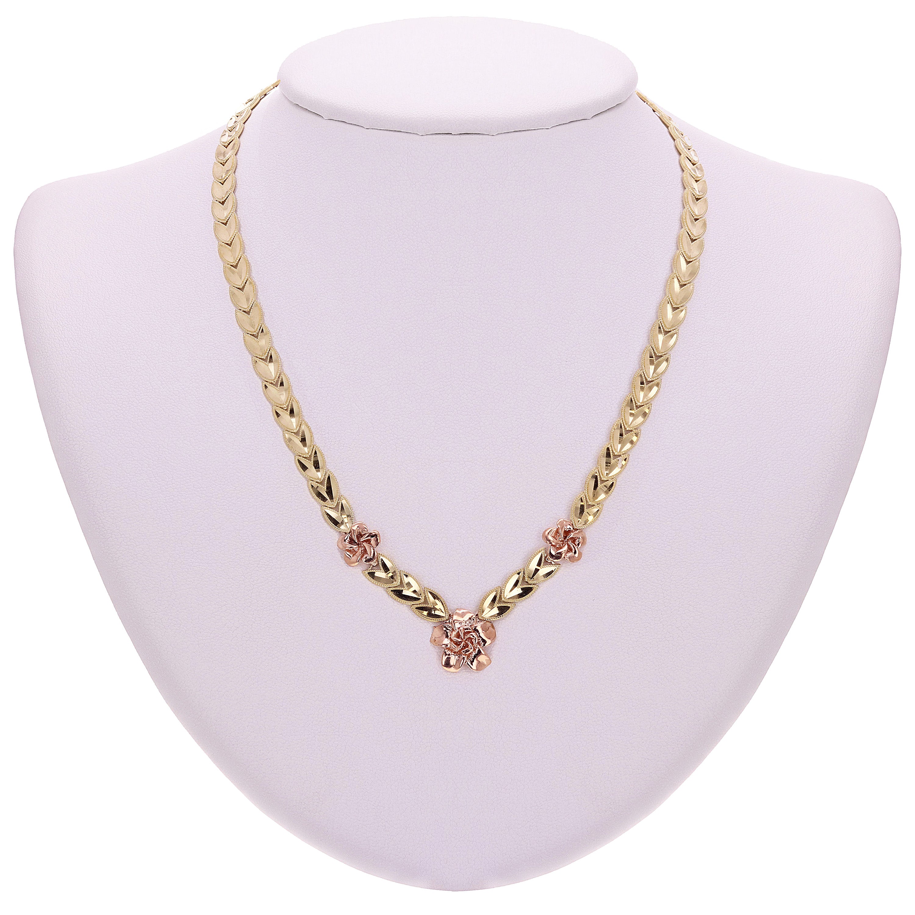 14k Yellow & Rose Gold Leaf Link Necklace with Flowers 17" 6.3mm 19.5 grams