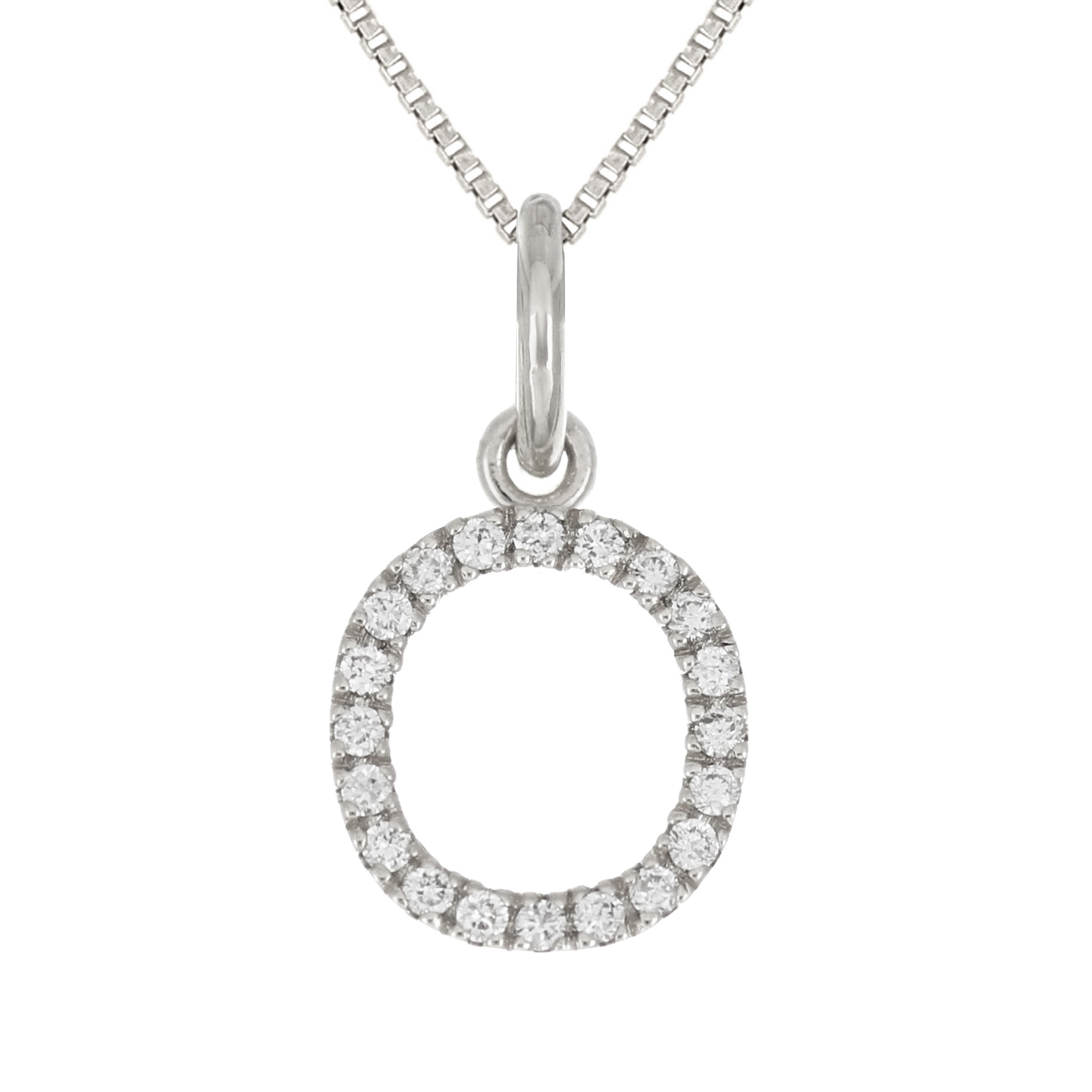 14k White Gold Diamond Initial Letter O Charm Pendant Necklace 18" - Letter O,White