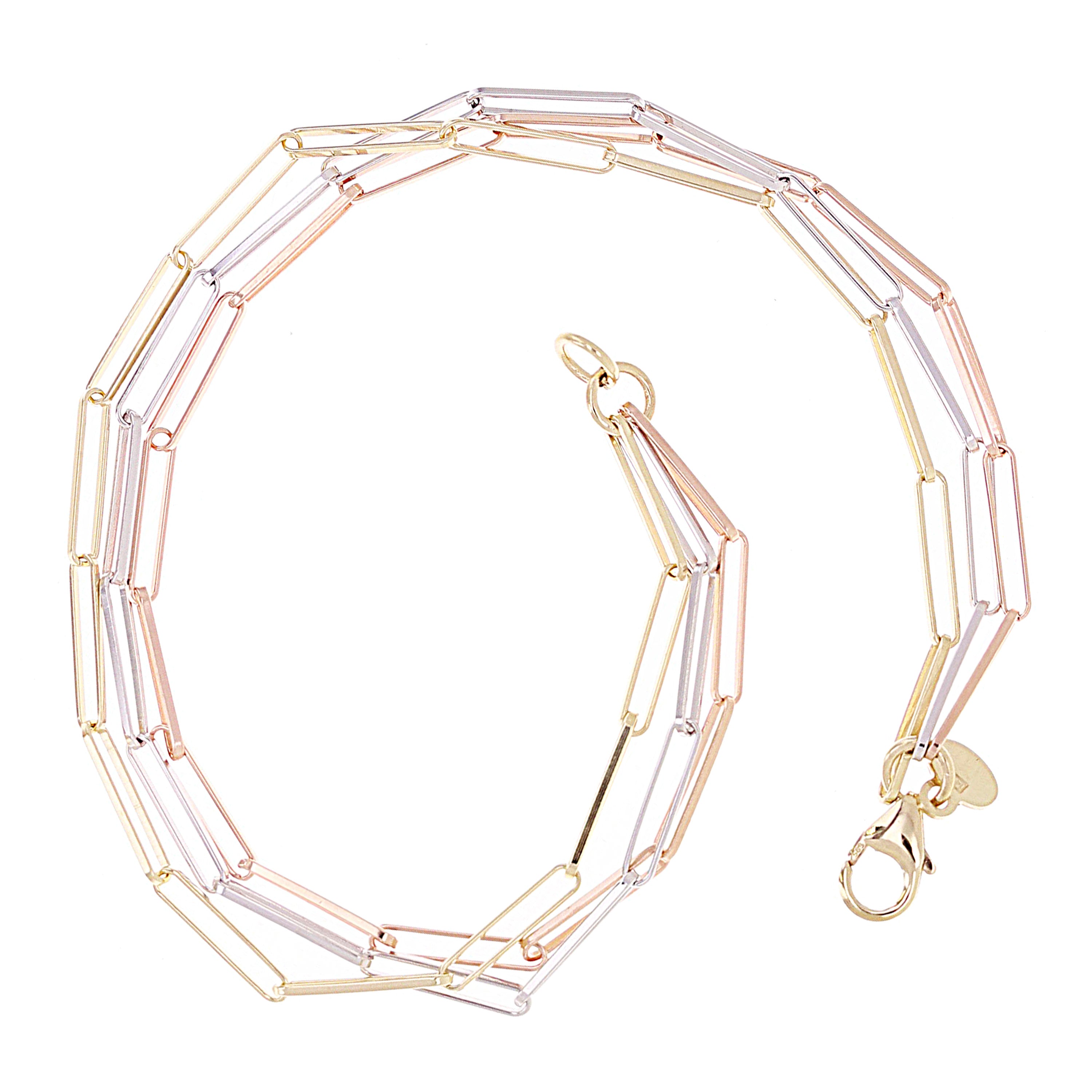 Italian 14k Tri-Color Gold Triple Paper Clip Link Chain Bracelet 7.5" 4.7 grams