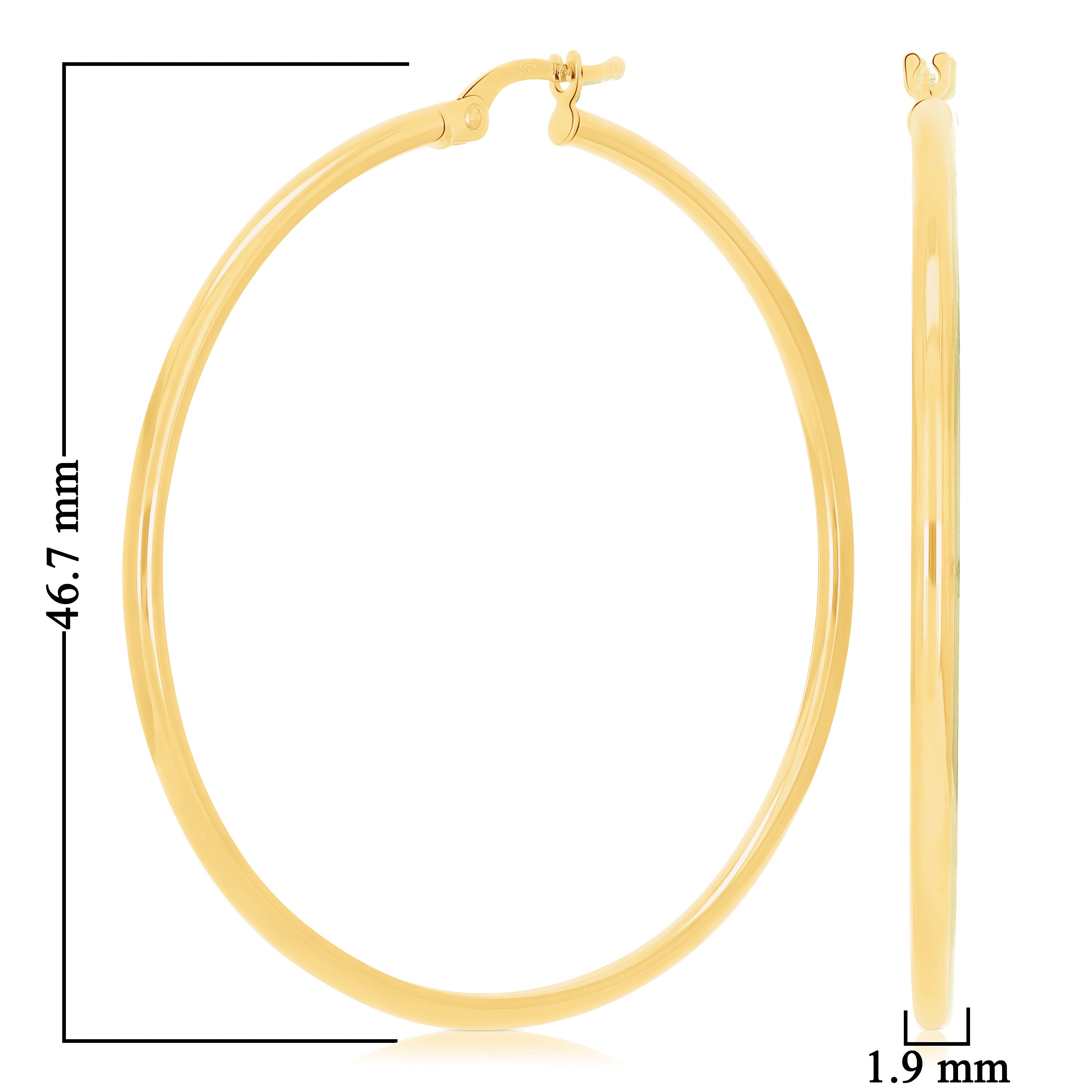 Italian 14k Yellow Gold High Polish 2mm 1.75" Diameter Round Hoop Earrings 2.6g