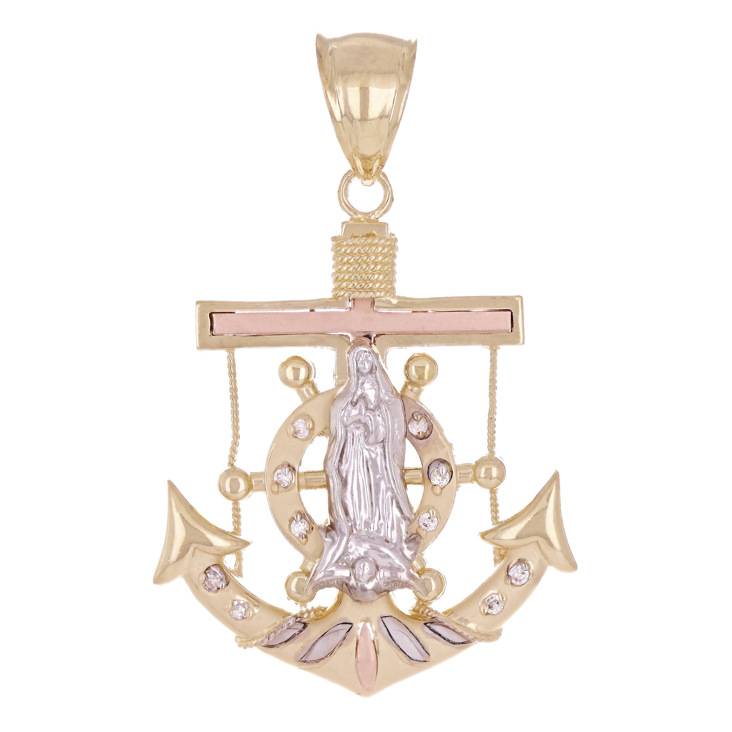 14k Tri-Color Gold Virgin Mary Ship Helm Wheel Mariner Anchor Pendant 2.2" 12.6g