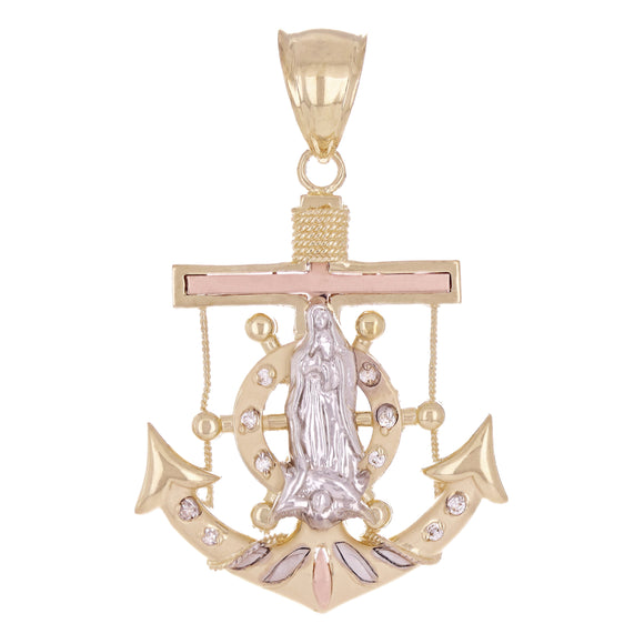 14k Tri-Color Gold Virgin Mary Ship Helm Wheel Mariner Anchor Pendant 2.2