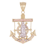 14k Tri-Color Gold Virgin Mary Ship Helm Wheel Mariner Anchor Pendant 2.2" 12.6g