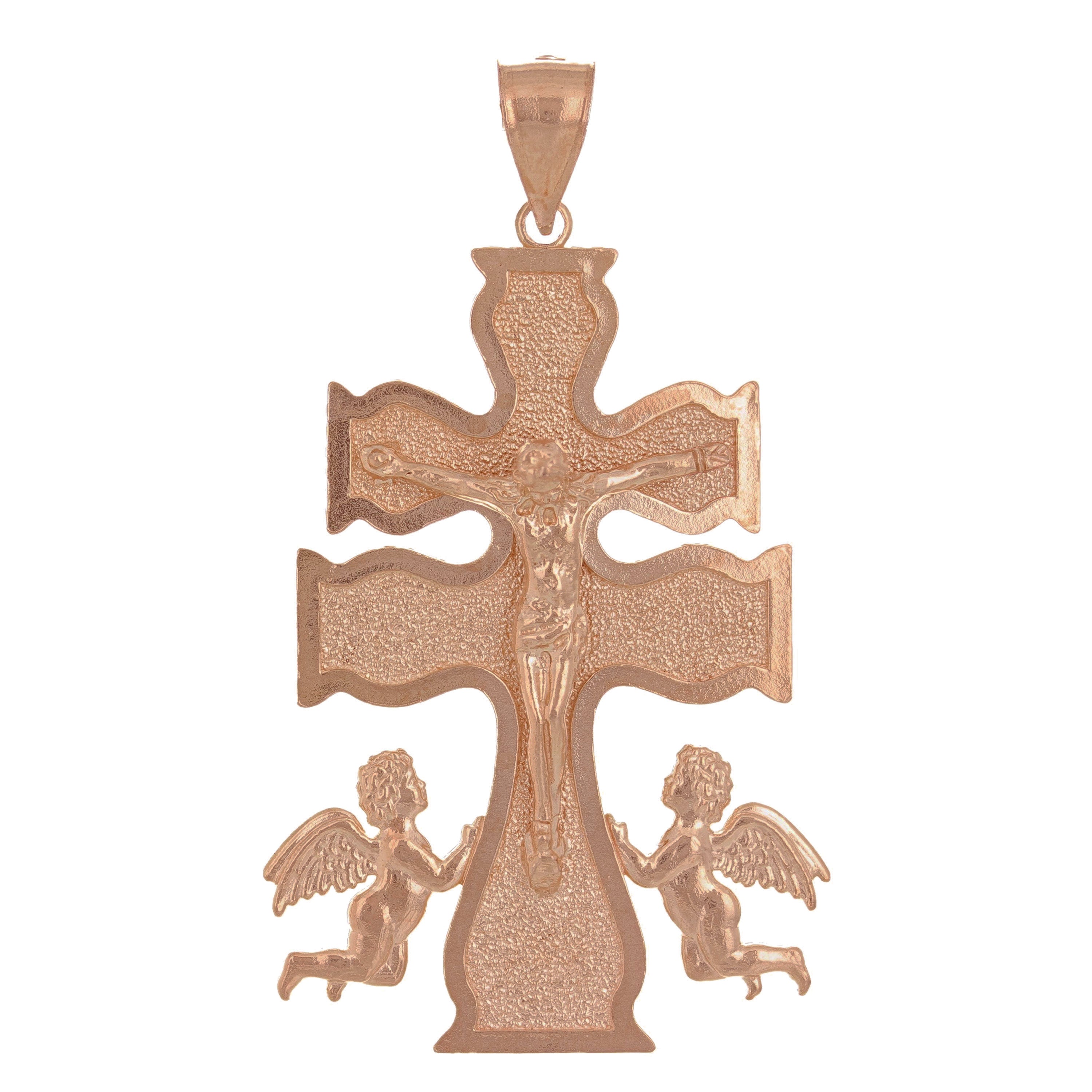 14k Rose Gold Caravaca Crucifix Cross Jesus Christ Angels Cross Pendant 2" 8.2g - Rose