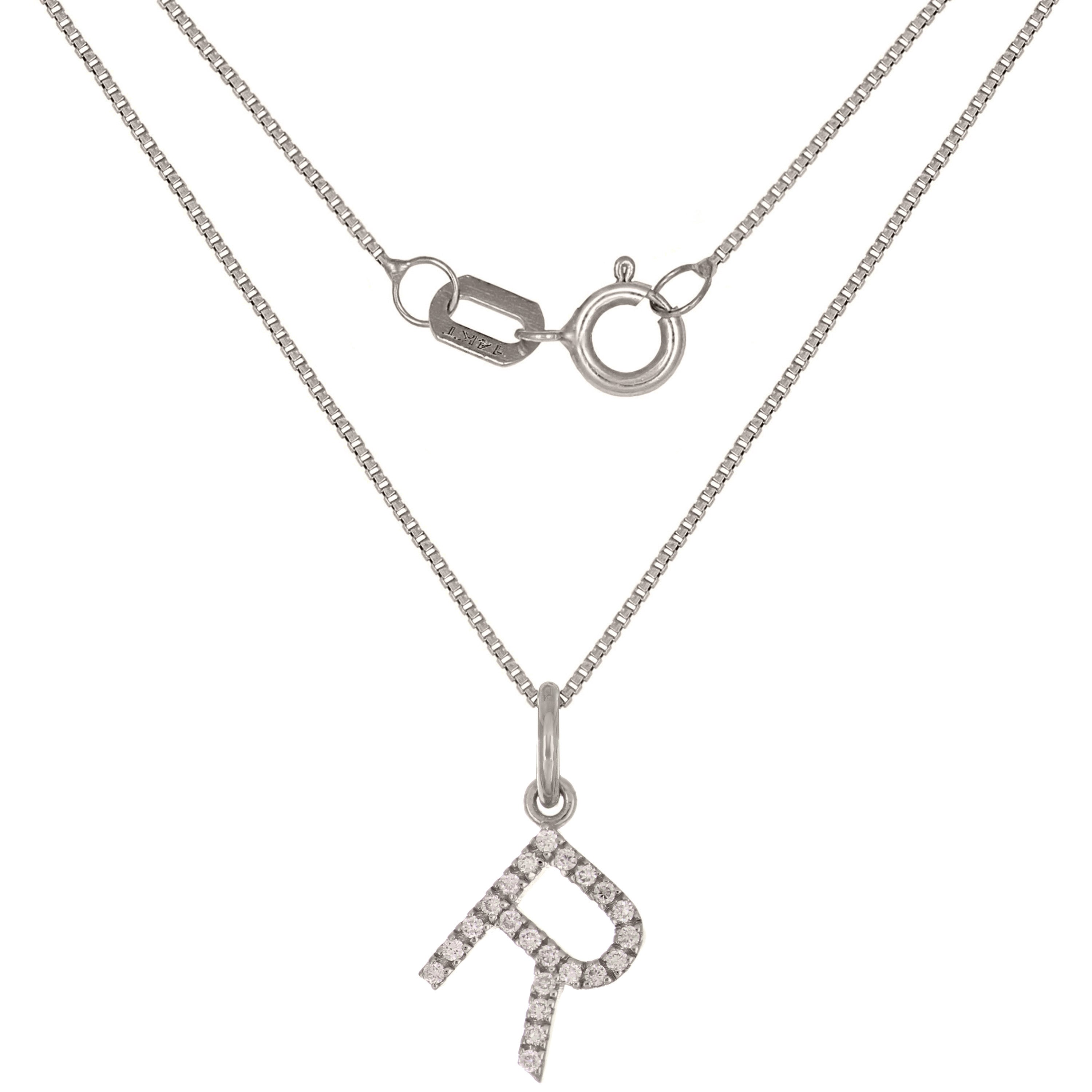 14k White Gold Diamond Initial Letter R Charm Pendant Necklace 18" - Letter R,White