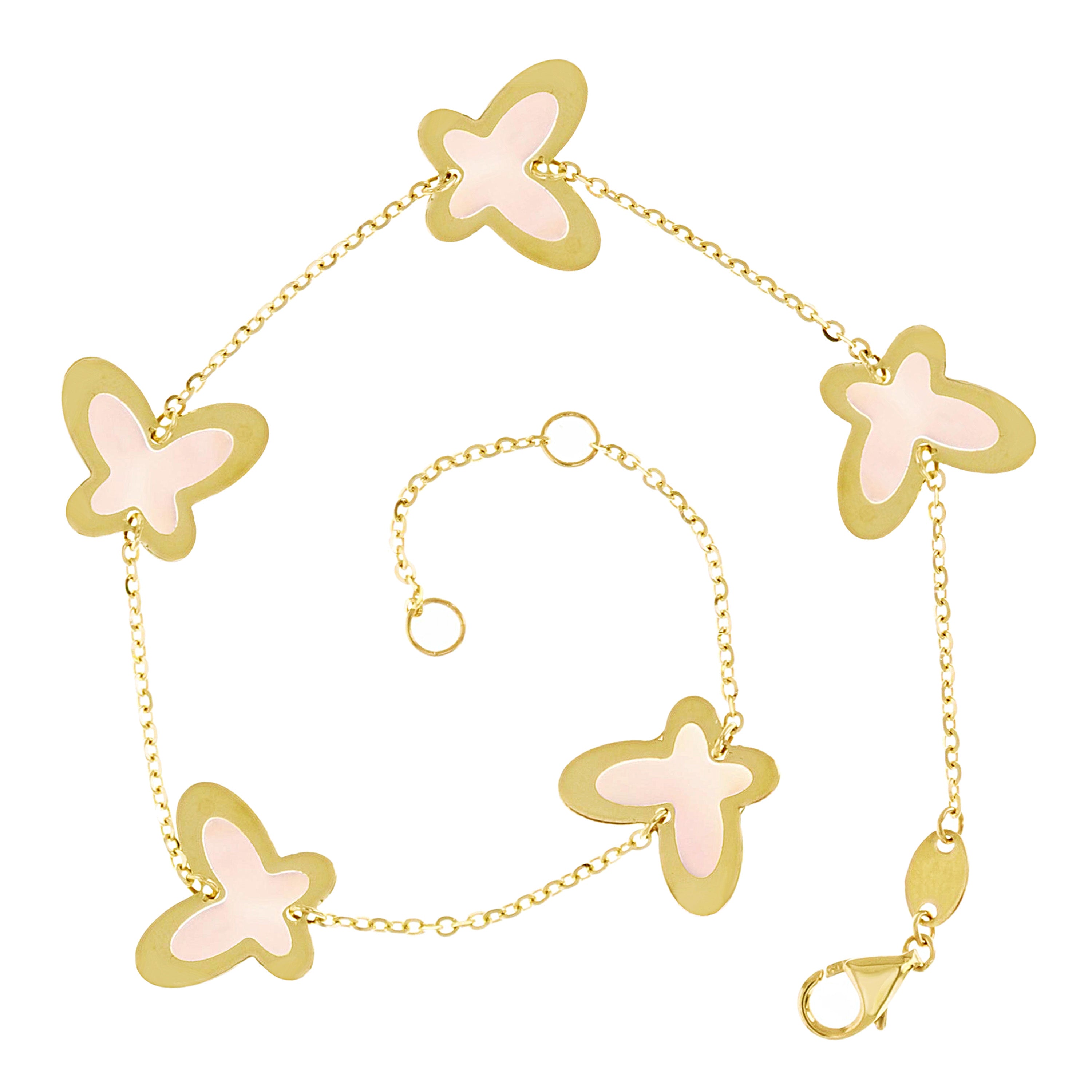 Italian 14k Yellow Gold Pearl BUTTERFLY Charm Station Bracelet 7.5" 11.5mm 3.2 grams