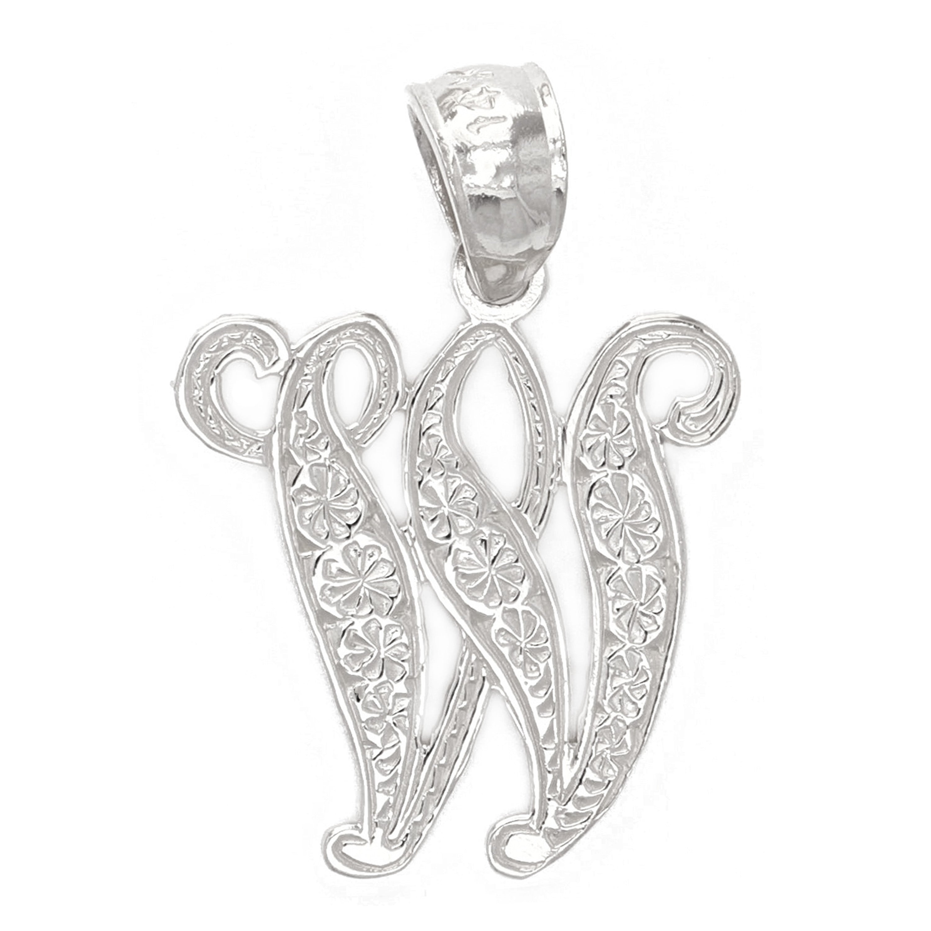 14k White Gold Initial Letter W Alphabet Charm Pendant - Letter W,White