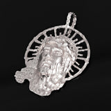 10k White Gold Diamond Cut Jesus Christ Face Religious Charm Pendant 2.1" 14.7g - White