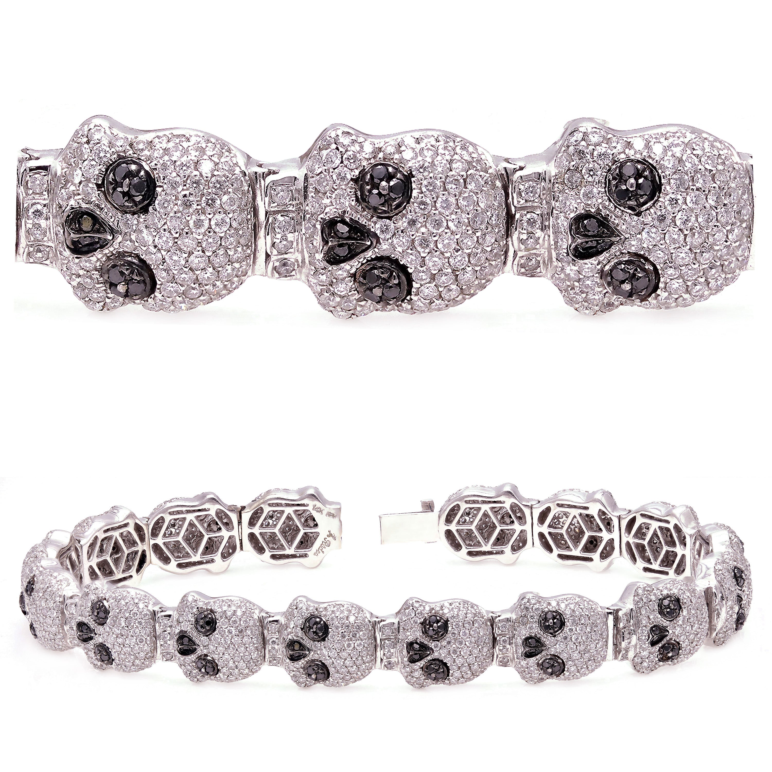 18k White Gold 7.32ctw Black & White Diamond Skull Bracelet IGI Certified 8"
