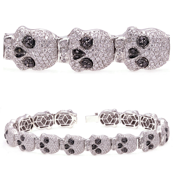 18k White Gold 7.32ctw Black & White Diamond Skull Bracelet IGI Certified 8