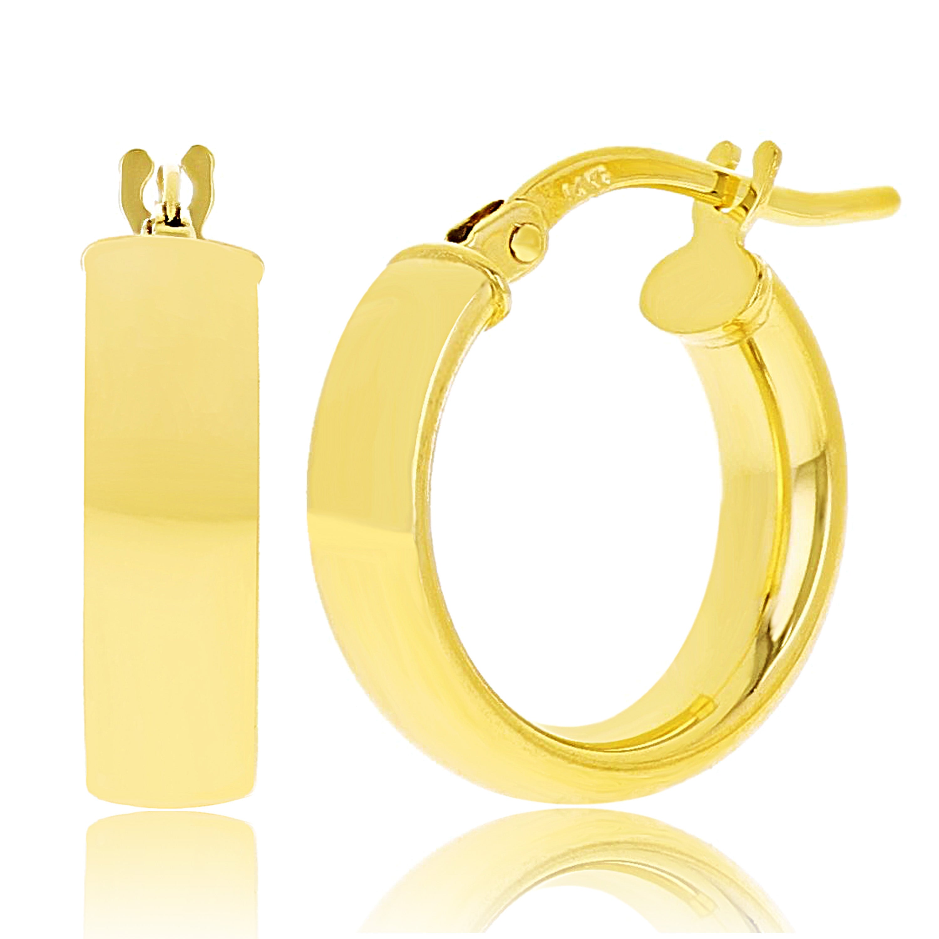 Italian 14k Yellow Gold Rounded Flat Tube Small Hollow Hoop Earrings 15.5mm x 4mm - Yellow 1.3 grams