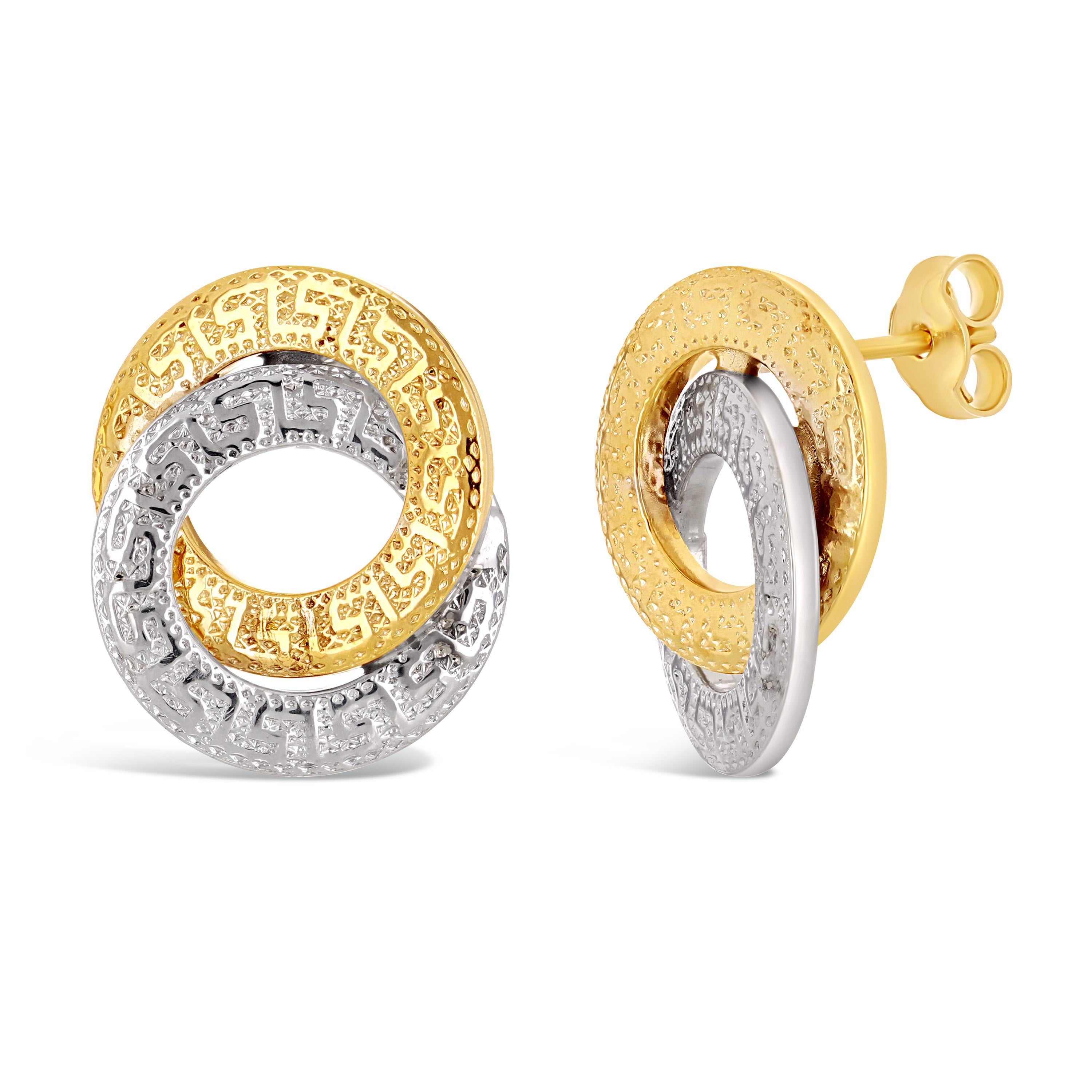 Italian 14k Yellow & White Gold Greek Key Mesh Double Circle Knot Stud Earrings - Mesh