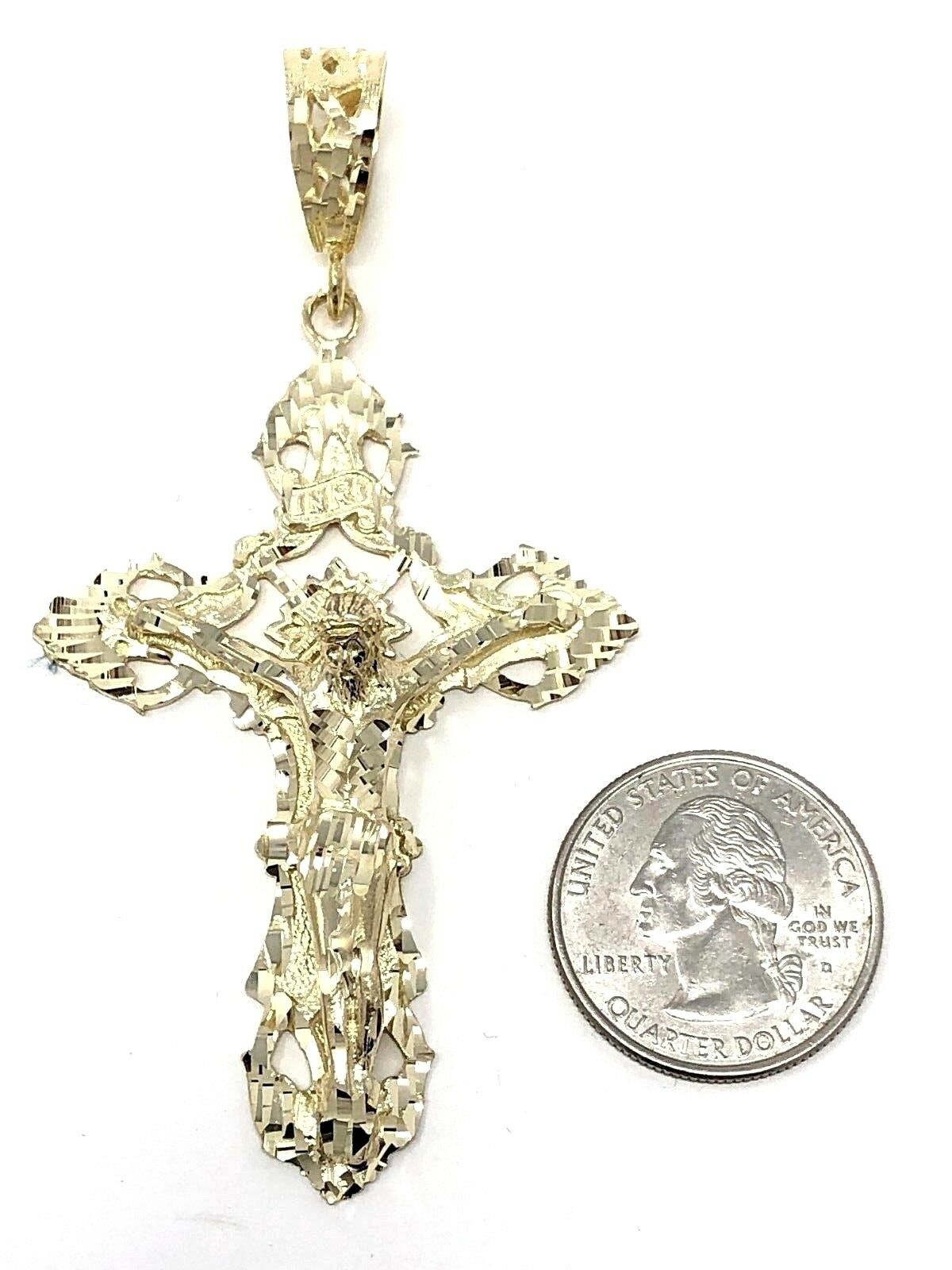14k Yellow Gold Religious INRI Jesus Christ 3D Big Cross Pendant 3.36" 16.4grams