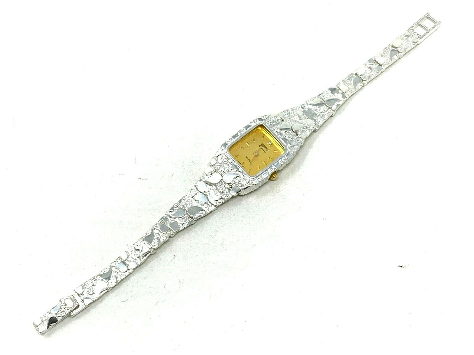 Women's 925 Sterling Silver Nugget Geneve Diamond Watch 6.5" 24 grams