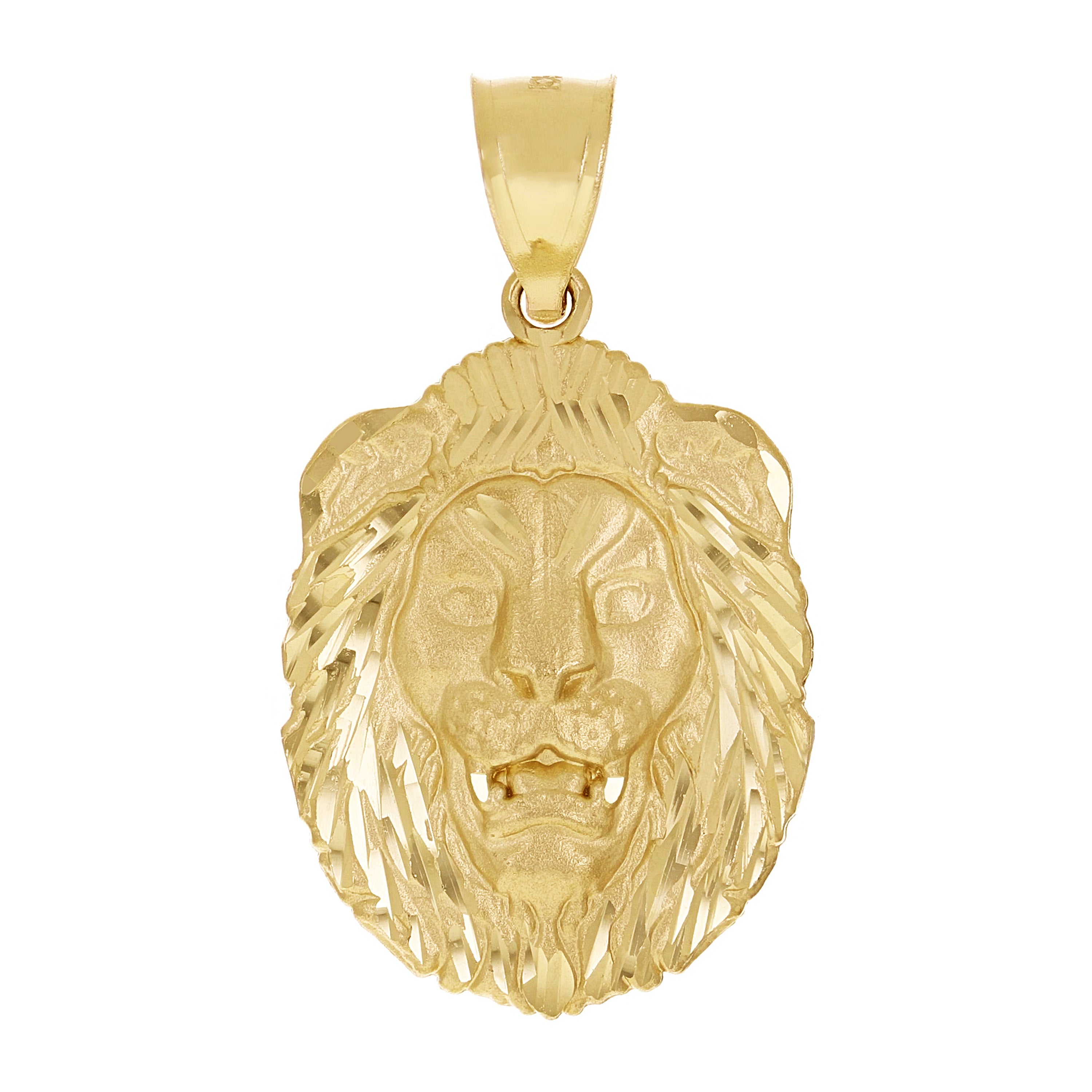 14k Yellow Gold Solid Diamond Cut Roaring Lion Head Face Pendant 1.4" 2.8 grams - Small
