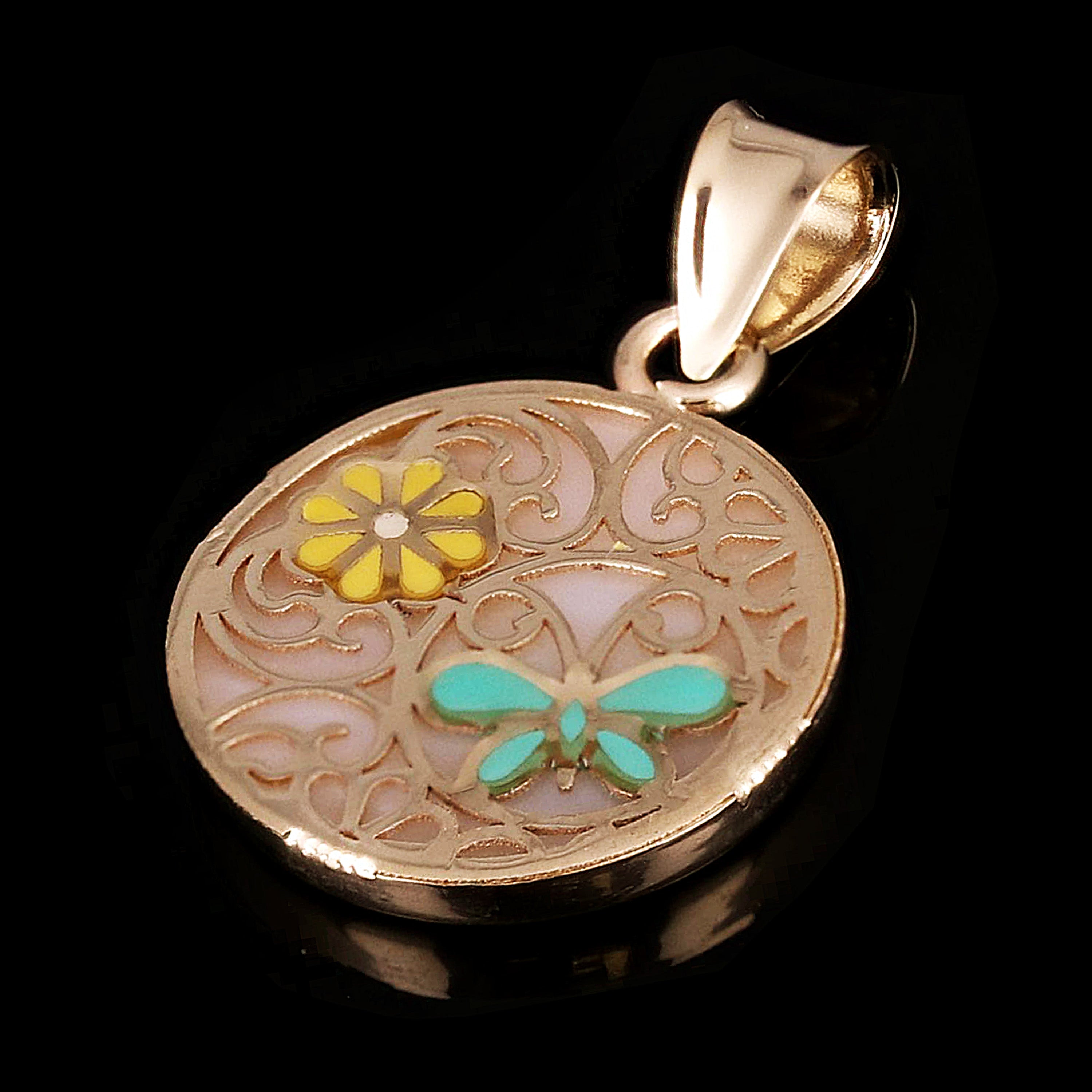 Italian 14k Yellow Gold Flowers & Butterfly Enamel Round Charm Pendant 1.3 grams