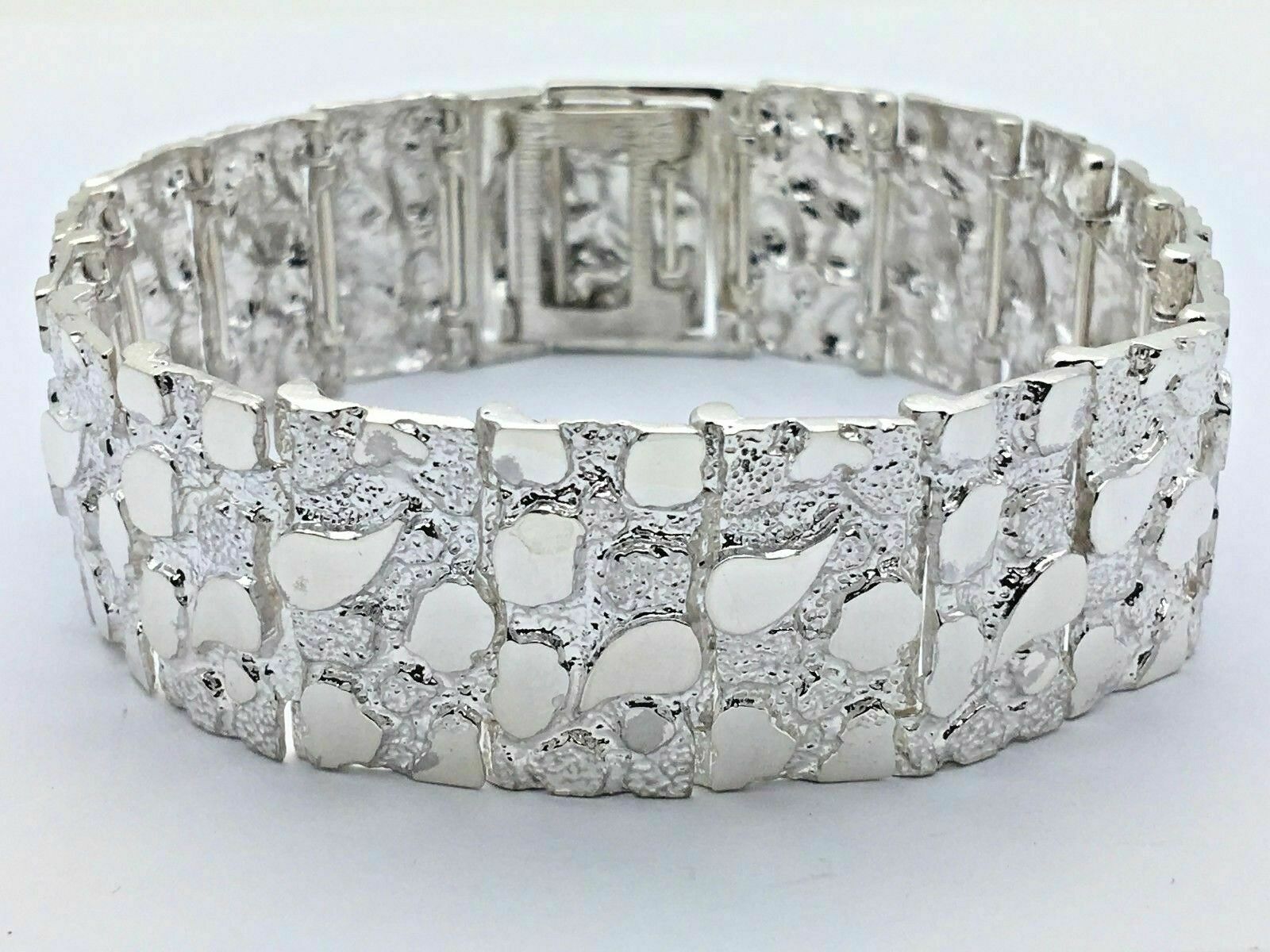 925 Sterling Silver Solid Nugget Bracelet Adjustable 8" 21.5mm 51.3 grams