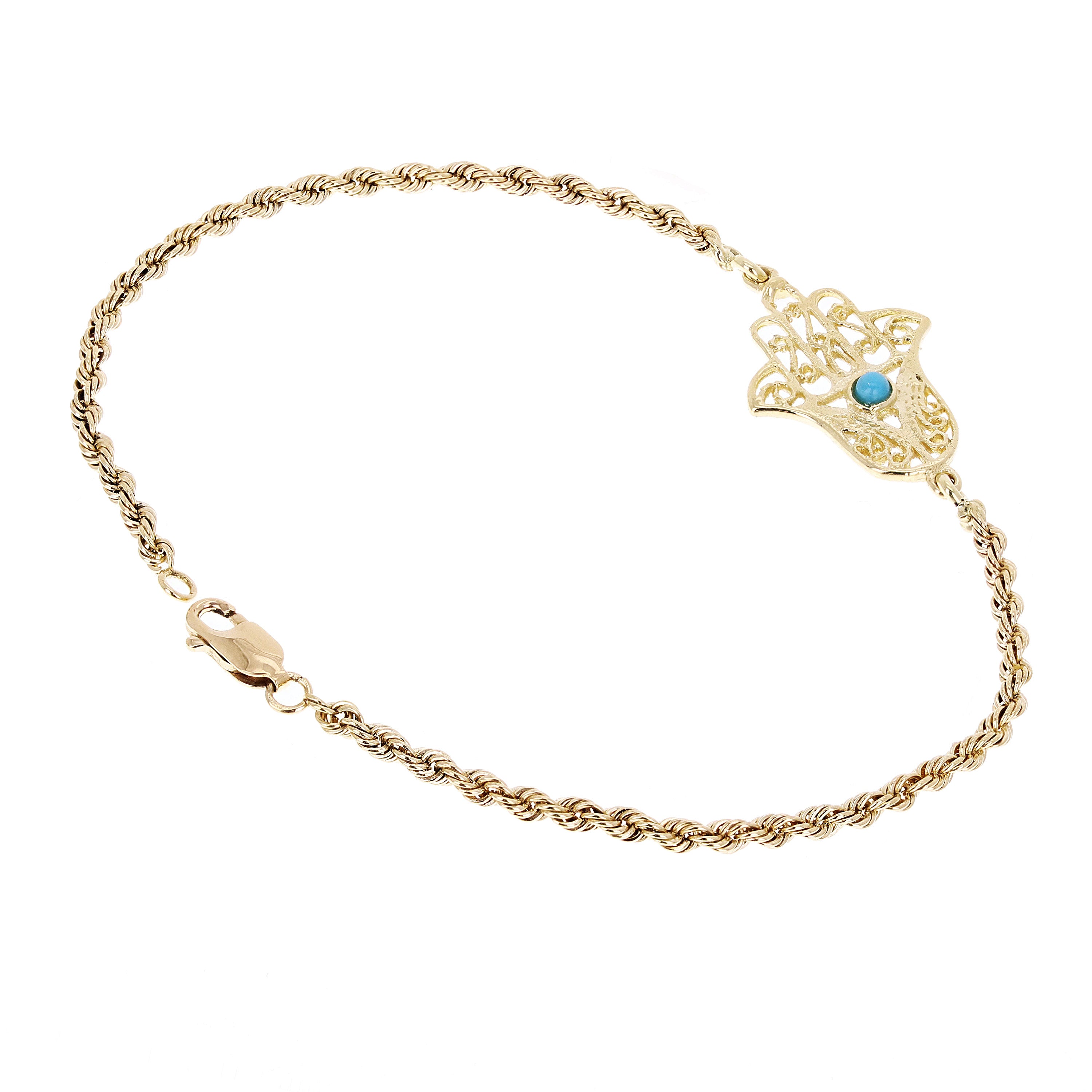 14k Yellow Gold Rope Chain Bracelet with Hamsa Hand of Fatima Charm 7" 5.2 grams - 7"