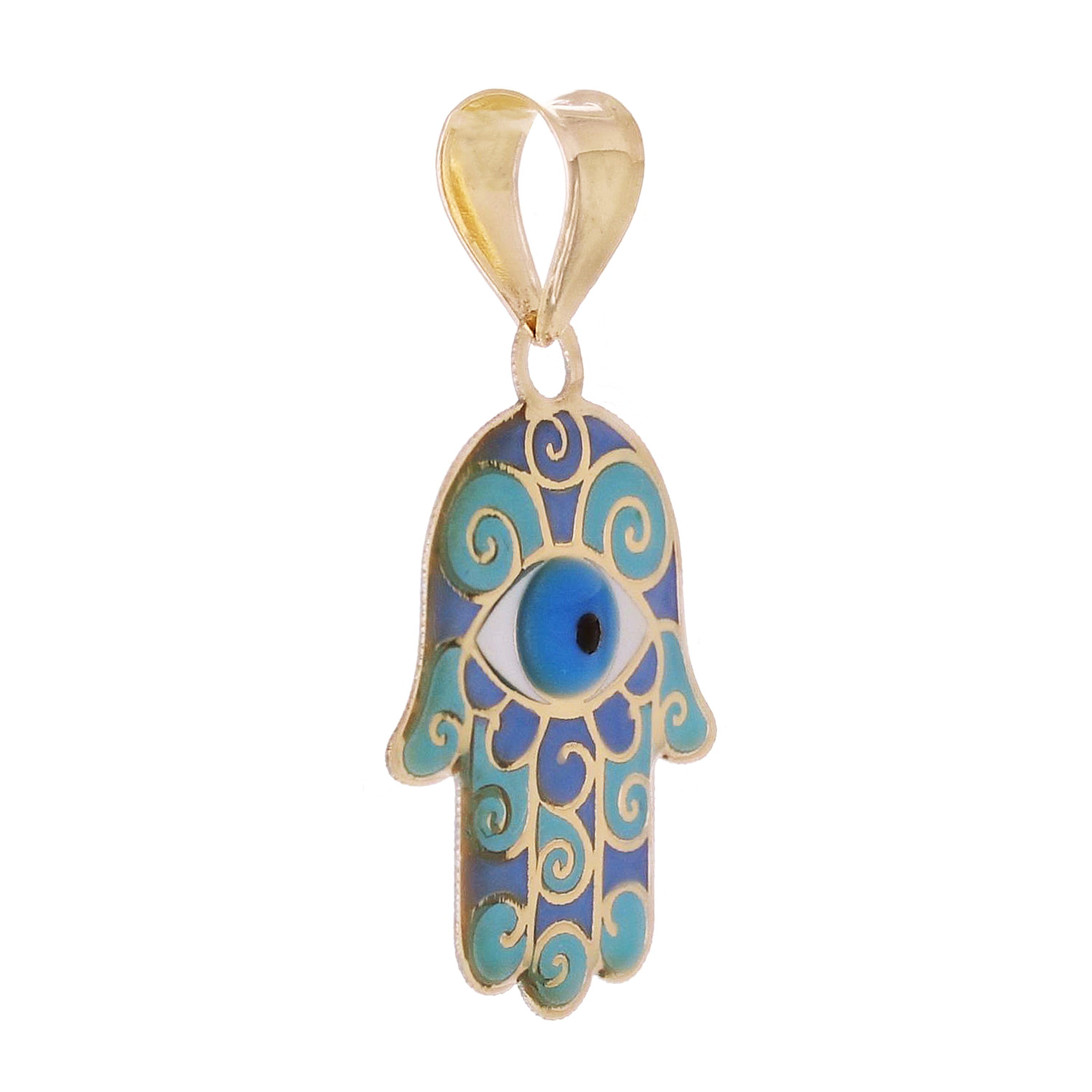 Italian 14k Yellow Gold Blue Enamel Hamsa Hand Charm Pendant 22.5mmx11.5mm 0.4g - Small