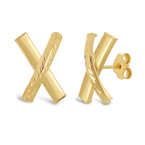 Italian 14k Yellow Gold Shiny Diamond Cut X-Shape Hugs Love Bar Stud Earrings