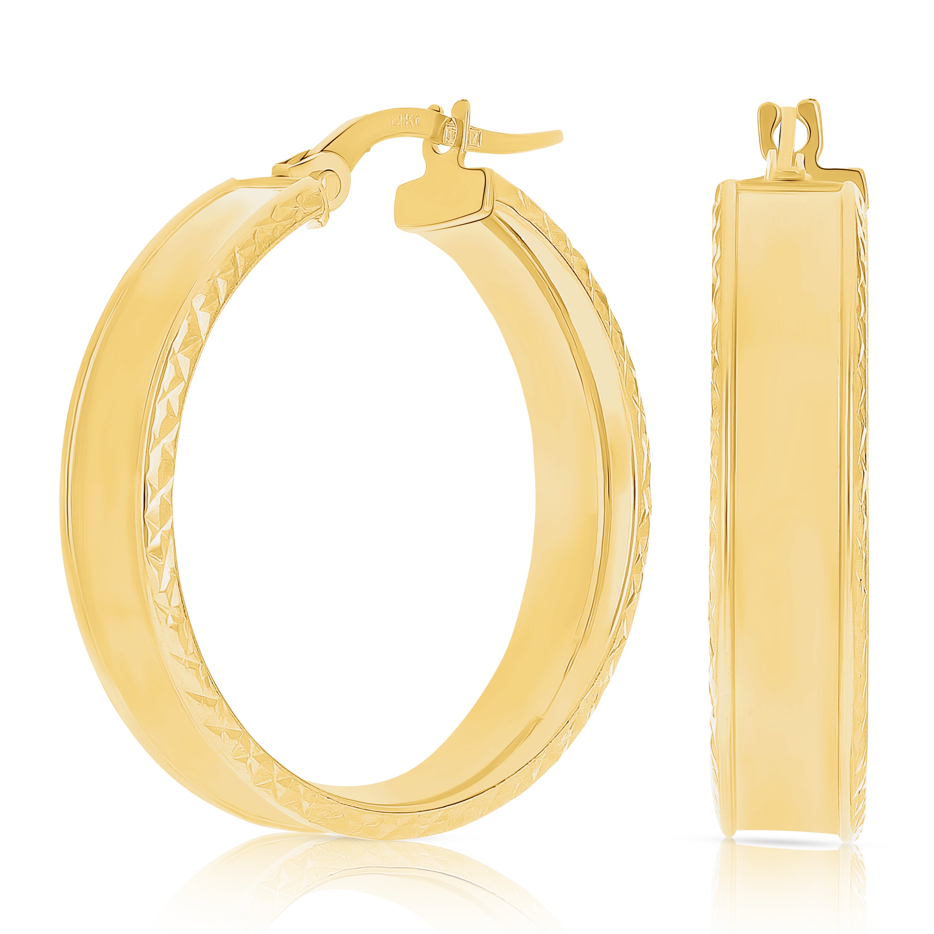 Italian 14k Yellow Gold Polished Diamond Cut Frame Wide Hollow Hoop Earrings 1"