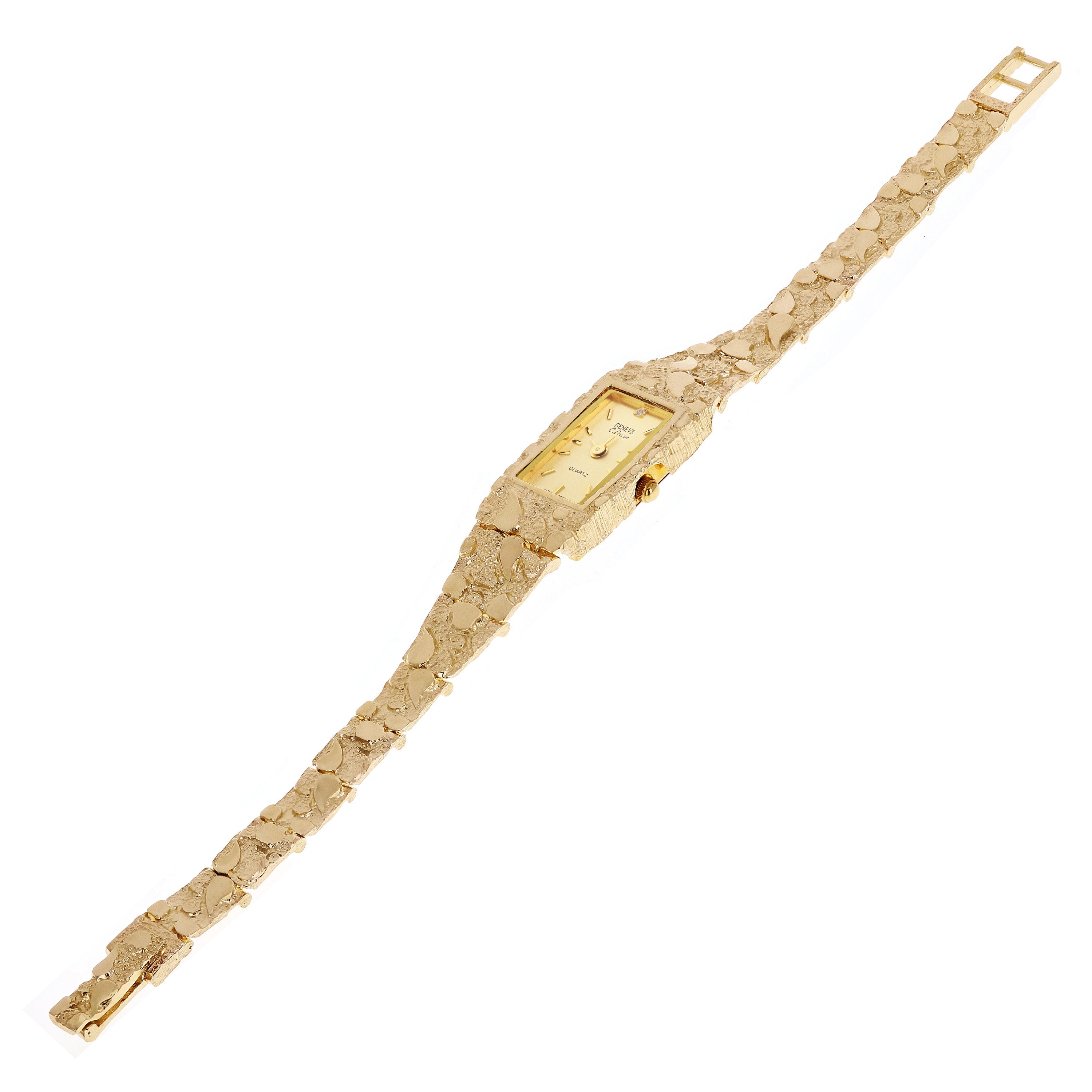 Women's 14k Yellow Gold Nugget Link Wrist Bracelet Geneve Watch w/ Diamond 6.5" - 6.5" 27.2 grams