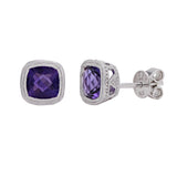 925 Sterling Silver Amethyst Petite Double Milgrain Checkerboard-Cushion-Cut Halo Stud Earrings - Amethyst